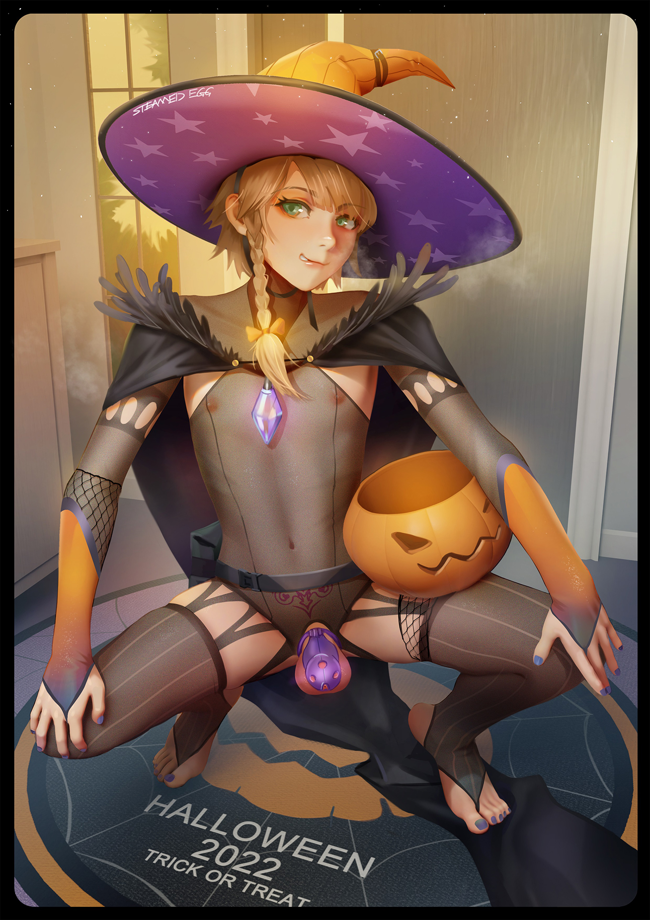 1boy, alternate version available, armwear, balls, black cape, blonde hair, braid, cage, caged, caged cock, cape, chastity, chastity cage, chastity device, clothing, cock cage, femboy, femboy only, fishnet, fishnets, girly, green eyes, hair, halloween, halloween costume, hat, headwear, male, male only, male witch, nail polish, nails, nipples, original, penis, penis cage, pubic tattoo, pumpkin, solo, solo male, squatting, steamed egg, tattoo, thighhighs, thighs, transparent clothing, trap, witch, witch hat