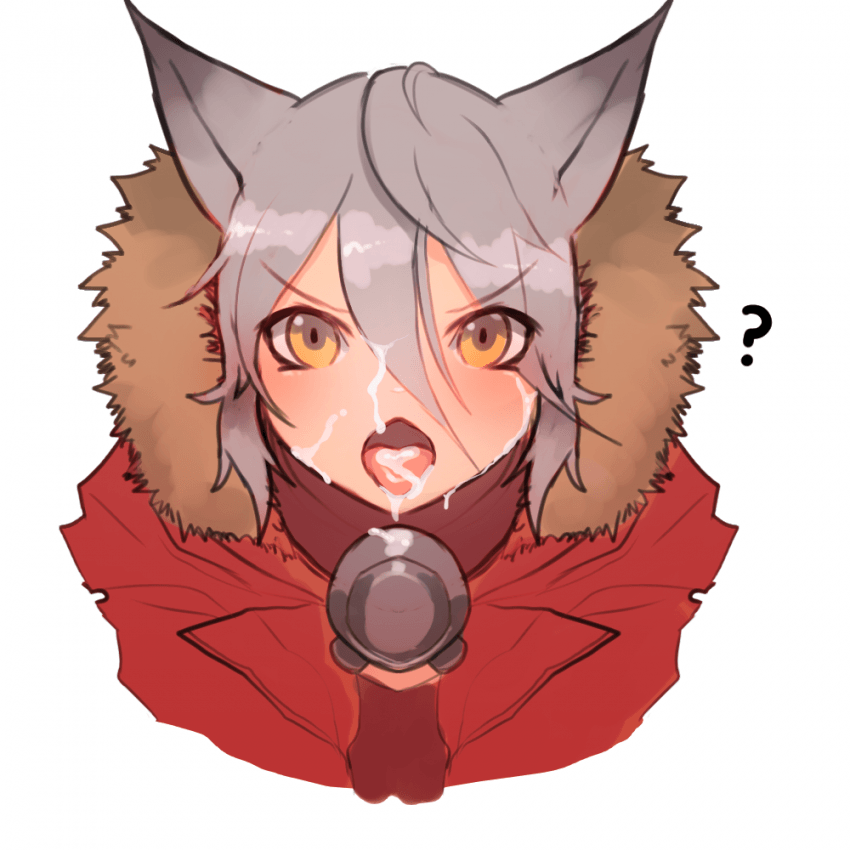 ? animal_ears arknights cum cum_in_mouth cum_on_tongue facial female fur-trimmed_hood fur_trim grey_hair hair_between_eyes hood hooded_jacket jacket looking_at_viewer mask mask_around_neck open_mouth portrait projekt_red_(arknights) red_jacket sameusa solo tongue v-shaped_eyebrows wolf_ears wolf_girl yellow_eyes