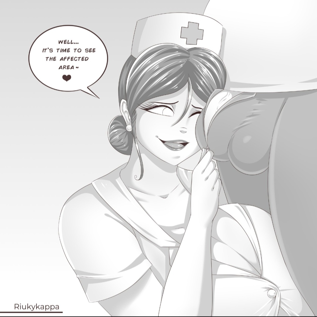 ass, ass grab, big breasts, big hips, black and white, blowjob, breasts, comic, comic page, female, implied incest, incest, marian (riukykappa), mother, mother and son, nurse, riukykappa, sex, son, speech bubble, tagme, text