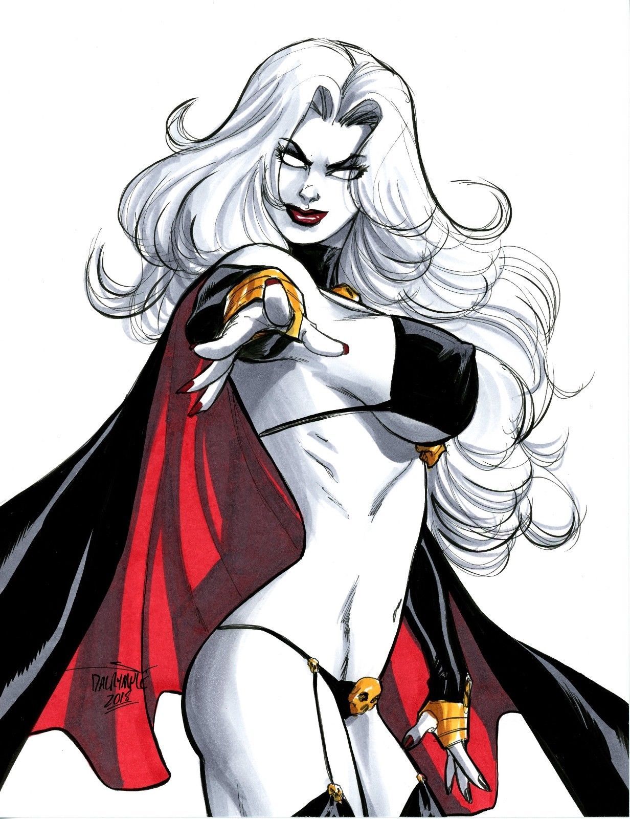 big_breasts bulging_breasts cape chaos_comics coffin_comics death_(personification) erect_nipples evil_grin evil_smile female female_only grim_reaper highres lady_death latex_bikini_top latex_glove latex_thighhigh_boots looking_at_viewer nipple_bulge queen_of_the_dead red_lips scott_dalrymple sideboob smiling_at_viewer thong white_body white_hair white_sclera white_skin