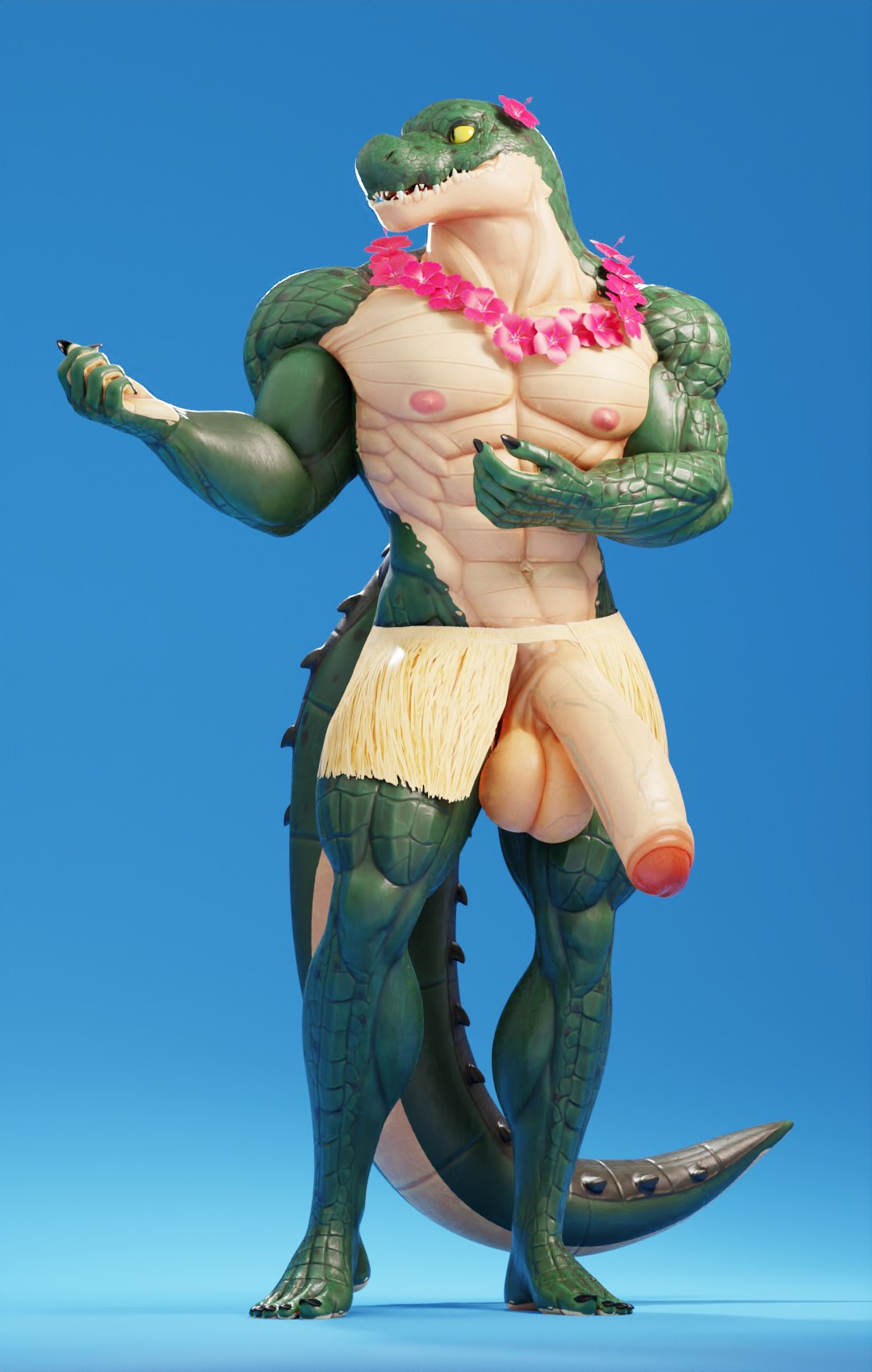 2022 3d_(artwork) abs anthro balls barefoot biceps big_balls big_muscles big_penis blue_background bottomwear claws clothed clothing connivingrat crocodile crocodilian crocodylid crossdressing digital_media_(artwork) feet flaccid flower flower_necklace flower_on_head genitals grass_skirt helm_(connivingrat) hi_res huge_balls huge_cock huge_muscles hula hula_dancer jewelry male male_only muscular muscular_anthro muscular_male navel necklace nipples non-mammal_balls non-mammal_nipples obliques pecs penis plant plantigrade quads reptile saggy_balls scales scalie simple_background skirt smile solo standing teeth thick_penis topless topless_anthro topless_male