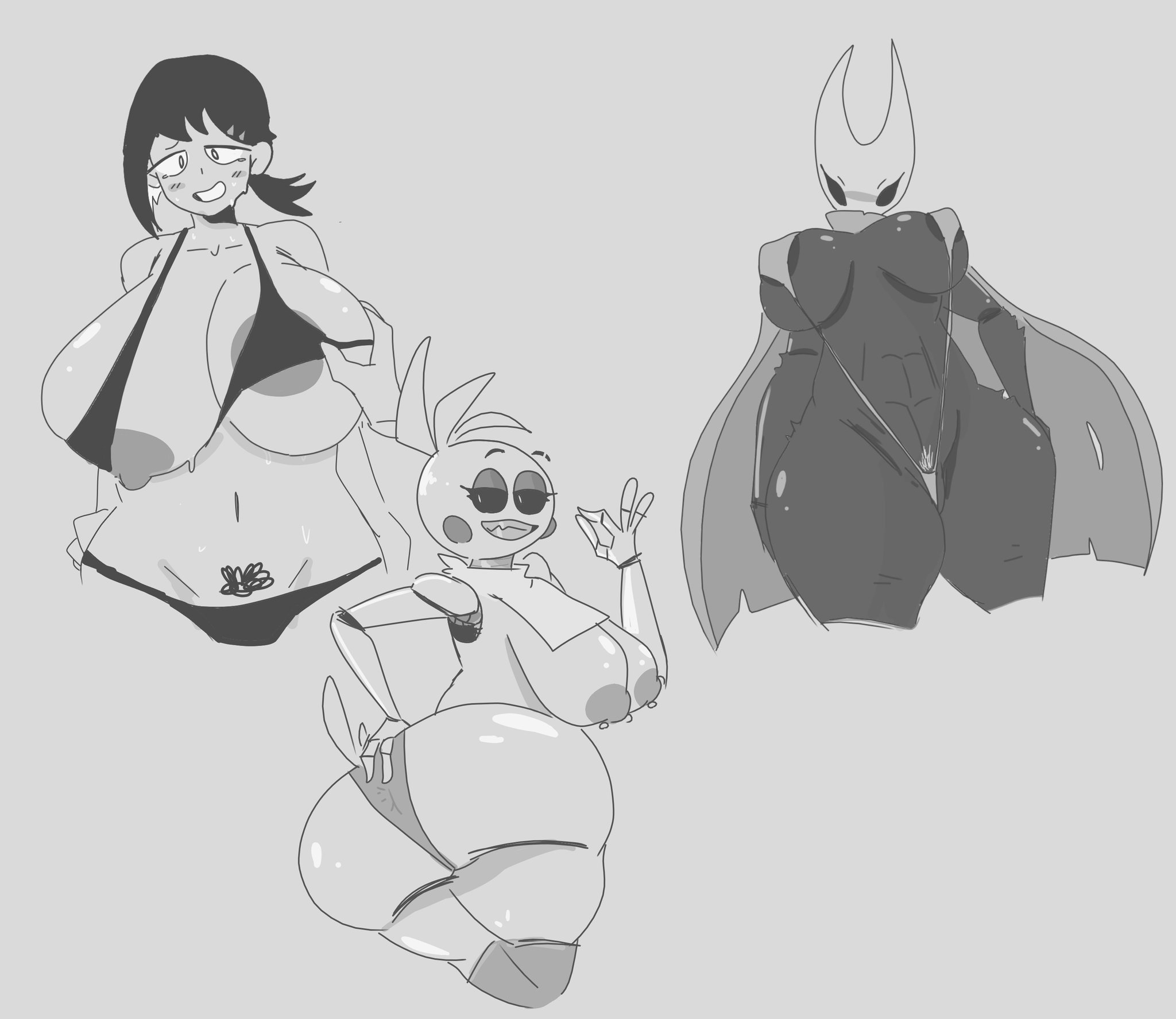 abs, areola, ass, big ass, big breasts, big butt, bikini, bikini top, breasts, cape, chainsaw man, crossover, errorplush, female, female only, five nights at freddy's, higashiyama kobeni, hollow knight, hornet (hollow knight), looking at viewer, monochrome, nipple piercing, nipples, piercing, ponytail, pubic hair, pussy, robot, smile, sweat, swimsuit, toy chica (fnaf)