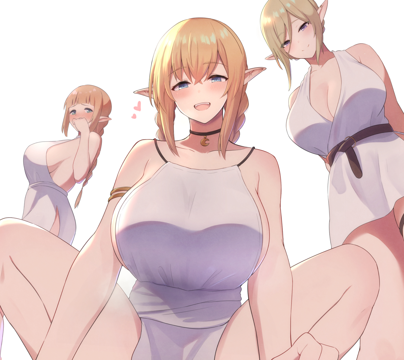 3girls, belt, big breasts, blonde female, blonde hair, blue eyes, blush, blush lines, blushing at viewer, braid, breasts, dress, elf, elf female, embarrassed, female, head tilt, heart, huge breasts, jewelry, large breasts, light skin, light-skinned female, long hair, looking at viewer, multiple females, multiple girls, open mouth, original, pointy ears, sideboob, simple background, smile, smiling, smiling at viewer, squatting, teeth, thigh strap, thighs, tongue, white background, yukage