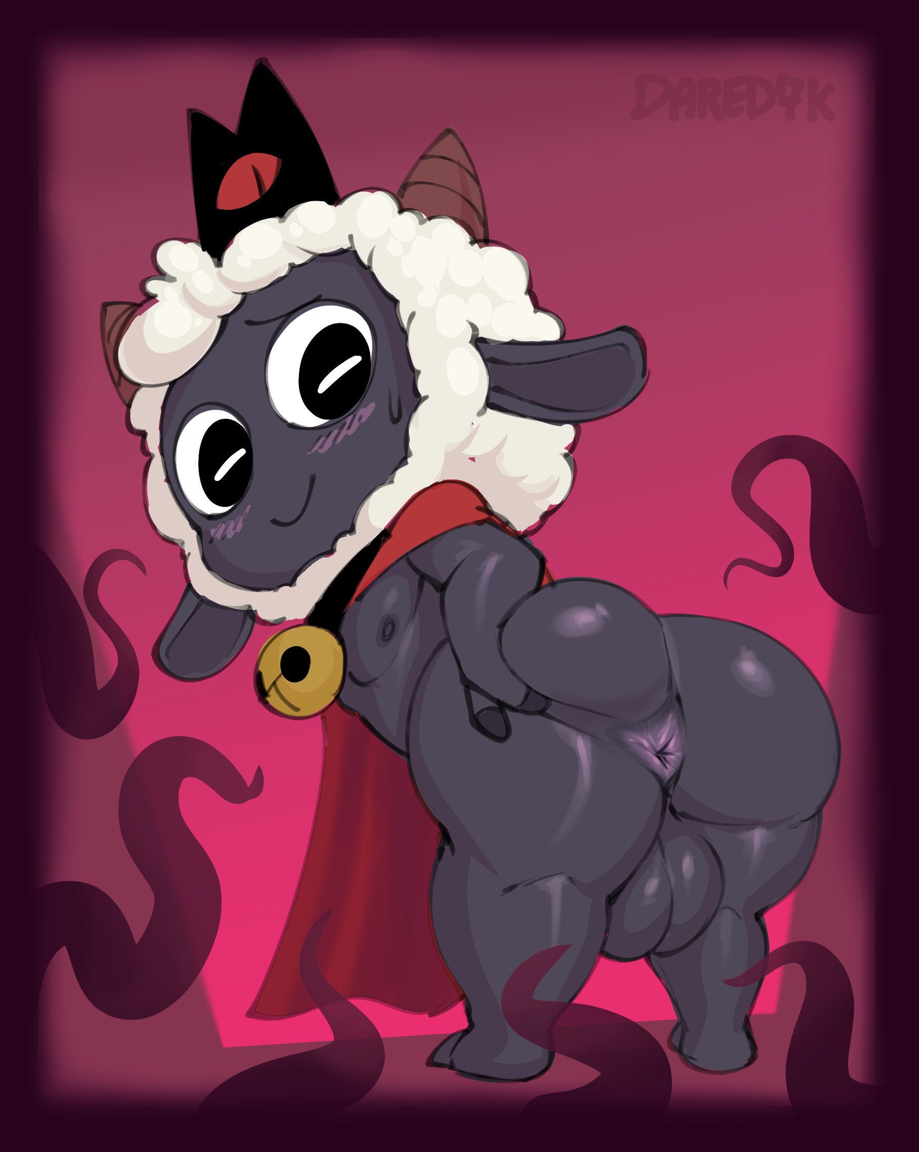 1boy, anus, ass, ass grab, backsack, balls, ballsack, bent over, big ass, black eyes, cape, cult of the lamb, daredemon7000, hand on ass, horns, lamb (cult of the lamb), looking back, male, male only, nipples, nude, presenting, presenting anus, presenting hindquarters, smile, solo, solo male, tagme, tentacles