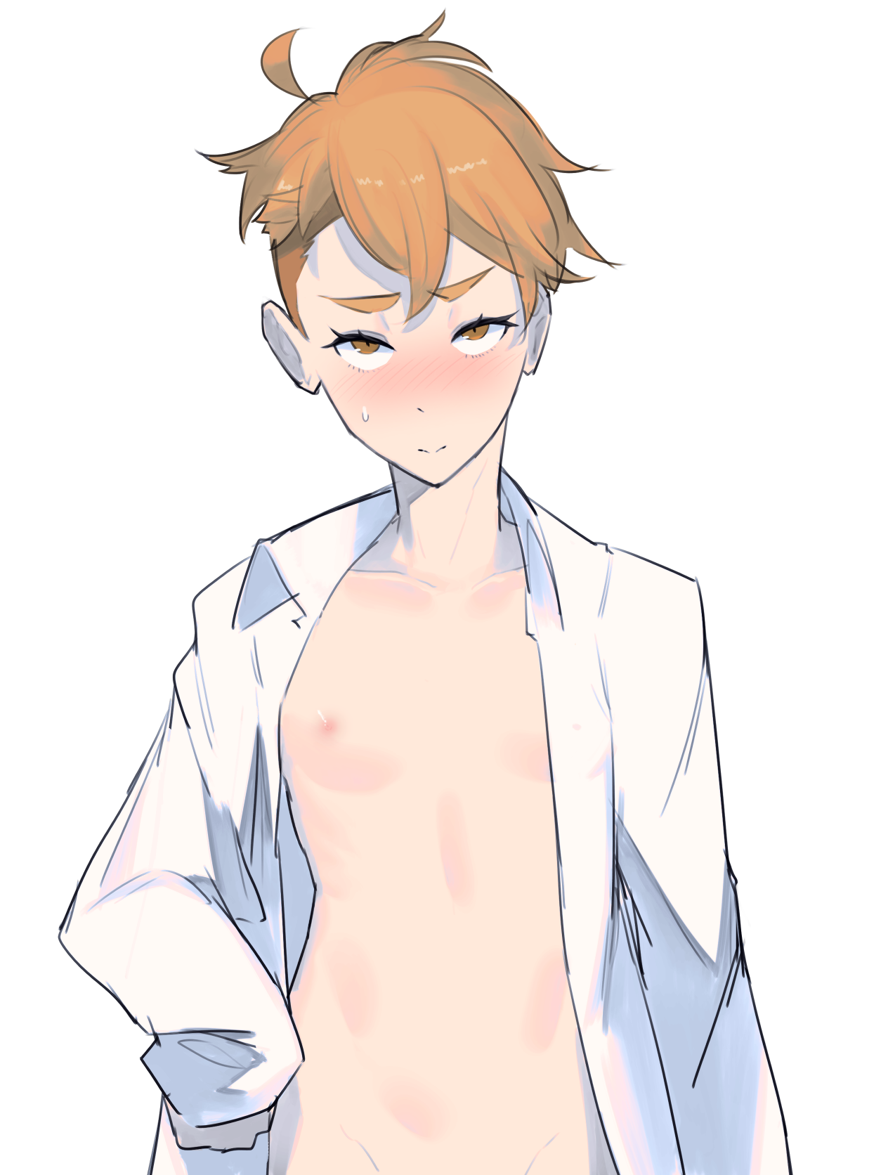 1girls, artist request, blush, breasts, female, female focus, female only, flat chest, human, light skin, light-skinned female, lycoris recoil, nipples, orange eyes, orange hair, otome sakura, pink nipples, shirt only, short hair, simple background, solid color background, solo, solo focus, thick eyebrows, tomboy, very short hair, white background