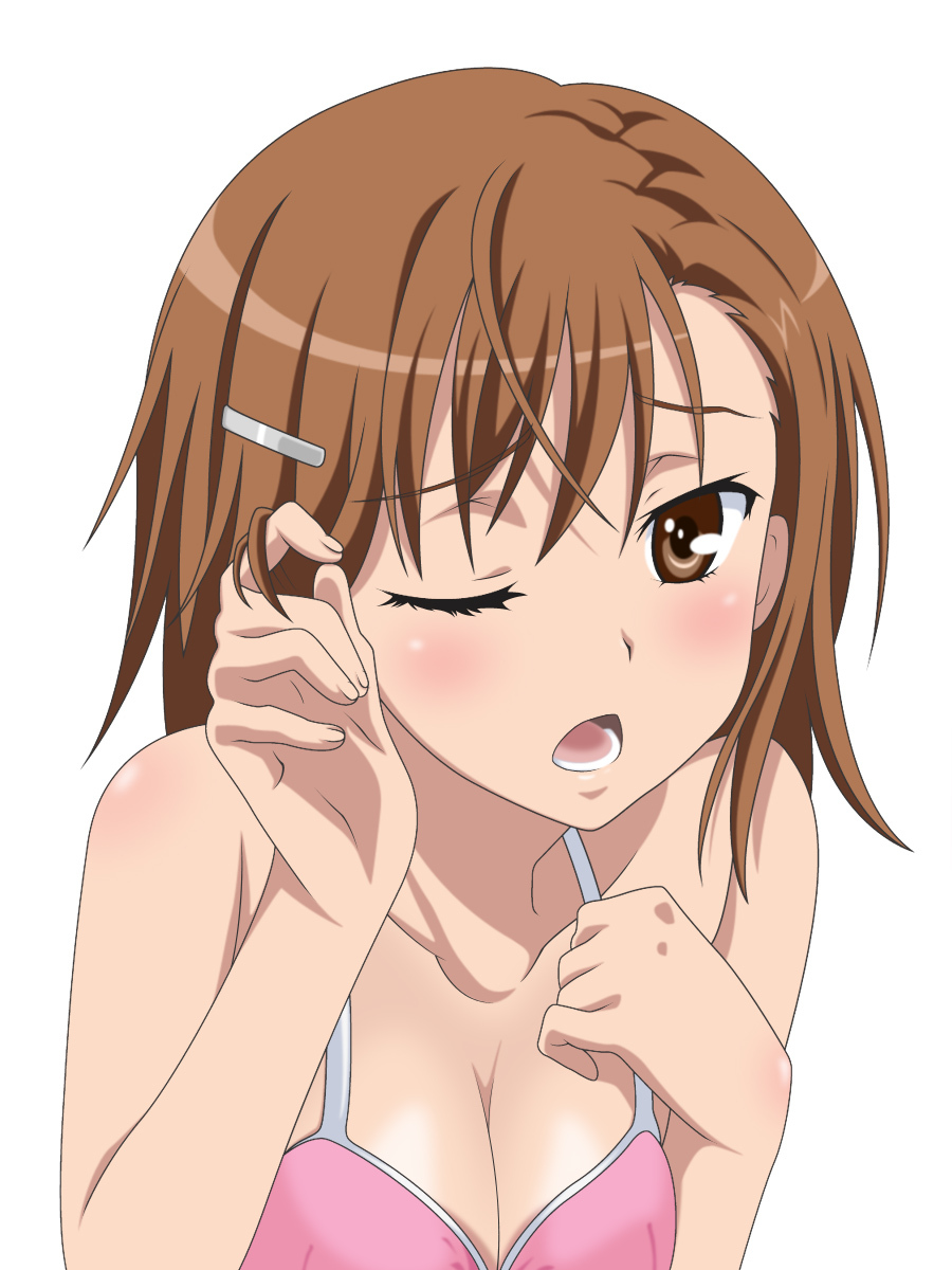 10s 1girls 2010 bare_shoulders bikini blush breasts brown_eyes brown_hair brunette cleavage clothed clothed_female collarbone female female_only hair_between_eyes hair_ornament hairclip hi_res human light-skinned_female light_skin looking_at_viewer matching_hair/eyes medium_breasts misaka_mikoto one_eye_closed open_mouth pink_bikini short_hair smile_(rz) solid_color_background solo swimsuit teenage_girl teenager to_aru_kagaku_no_railgun to_aru_majutsu_no_index upper_body white_background young