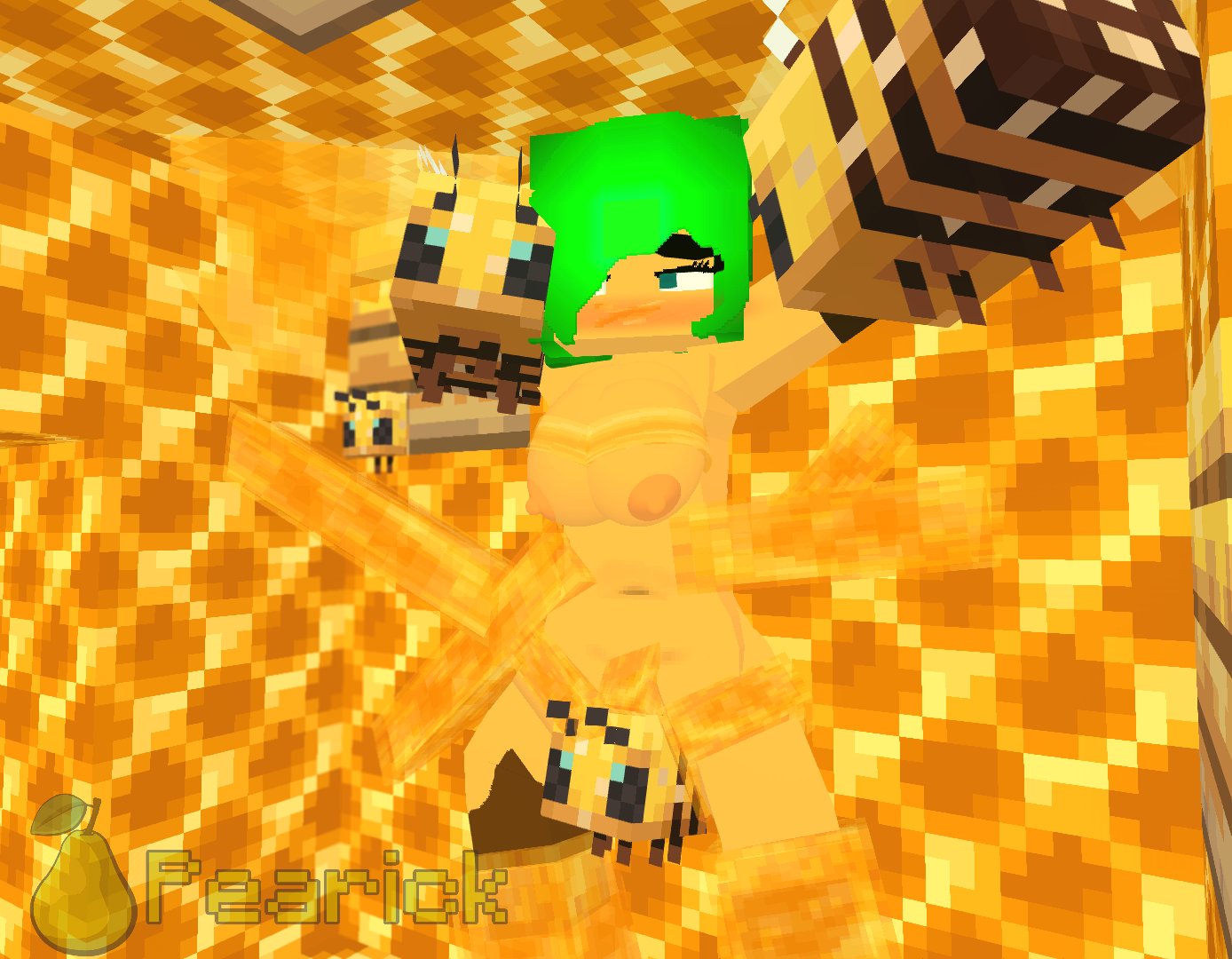 1girls 3d bee bee_(minecraft) blush bondage female green_hair honey insects lou_(pearickmc) microsoft mine-imator minecraft mojang nude nude_female oc on_wall pearickmc sticky stuck_to_wall xbox_game_studios