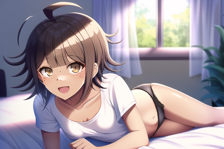ai generated, bedroom, blush, brown eyes, brown hair, dark skin, dark-skinned female, female, female only, freckles, happy, nai diffusion, on bed, original character, panties, stable diffusion, white shirt, wholesome, window