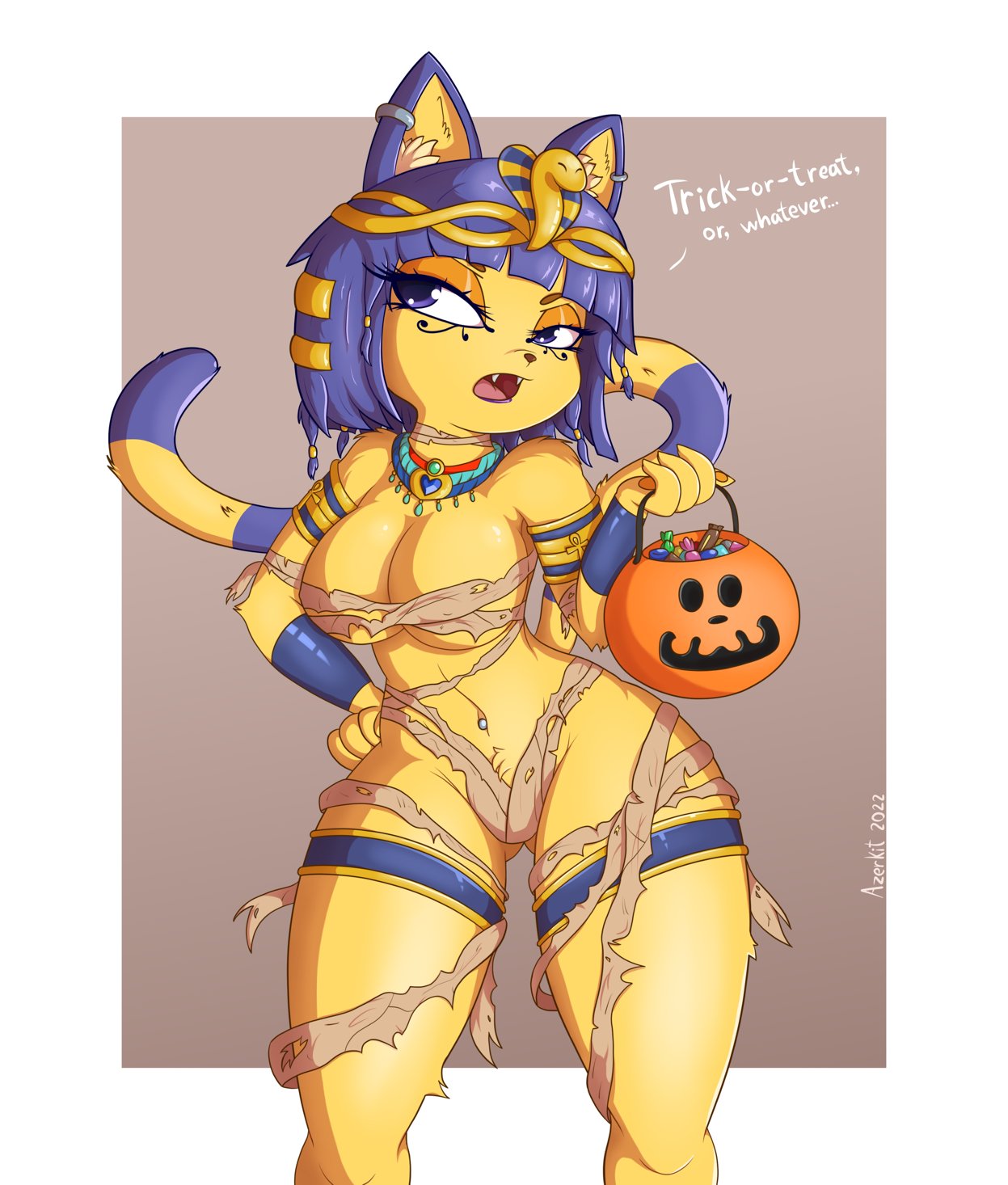 1anthro, 2022, animal crossing, ankha, ankha (animal crossing), annoyed, azerkit, blue eyes, blue hair, candy, cat ears, cat tail, cute, cute face, feline, female, fur, halloween, mummy, mummy costume, navel, nintendo, pumpkin, solo, text, yellow body, yellow fur