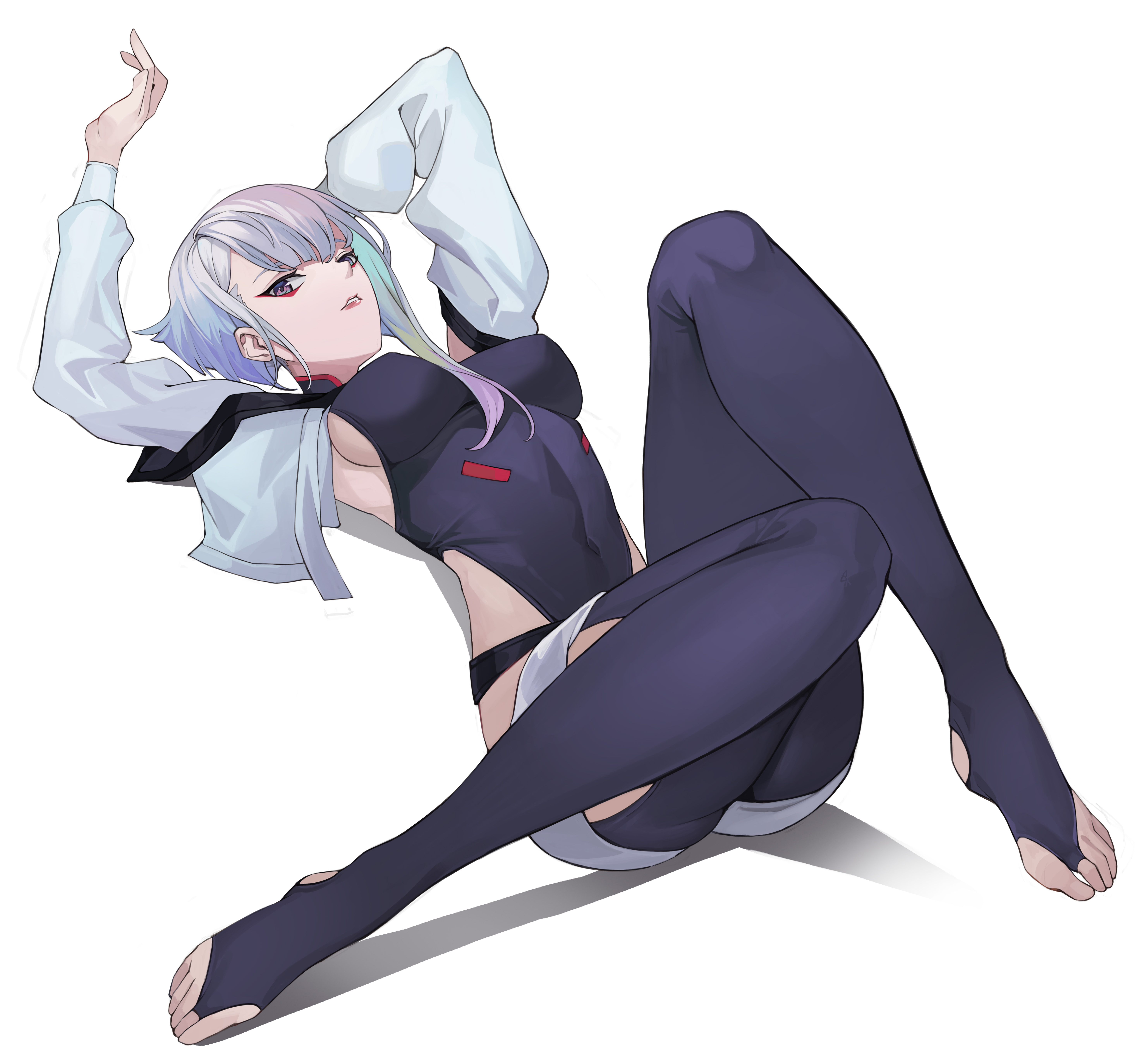 1girls, artist request, asian, asian female, ass, big ass, big breasts, breasts, cd projekt red, cybernetics, cyberpunk 2077, cyberpunk: edgerunners, cyborg, feet, female, female only, leotard, light skin, light-skinned female, lucyna kushinada, netflix, no artist, no artist signature, nude, short hair, simple background, studio trigger, tights, white hair