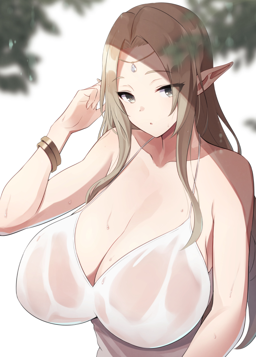 1girls, bangle, bare shoulders, big breasts, blonde female, blonde hair, bracelet, breasts, camisole, cleavage, collarbone, elf, expressionless, female, female focus, female only, forehead jewel, gigantic breasts, huge breasts, jewelry, large breasts, light skin, light-skinned female, long hair, looking at viewer, open mouth, original, parted lips, pointy ears, silver hair, solo, spaghetti strap, sweat, upper body, white camisole, yukage