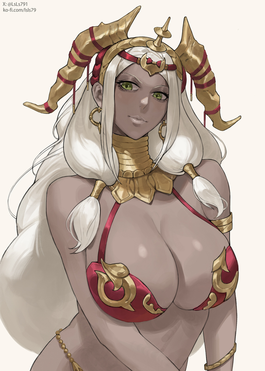 1girls, big boobs, big breasts, bikini, bikini armor, bikini top, boobs, boobs bigger than head, breasts, breasts bigger than head, cleavage, clothed, dark skin, dark-skinned female, exposed shoulders, female, fire emblem, fire emblem: fortune's weave, gold jewelry, green eyes, hair ornament, huge breasts, large breasts, long hair, lsls, nintendo, solo female, theodora (fire emblem), voluptuous, voluptuous female, white hair