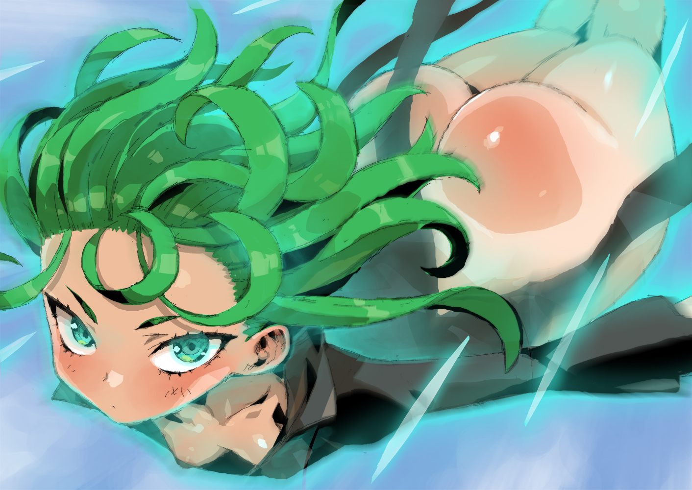 1girls, anus, ass, black dress, blue sky, breasts, clothing, dress, expressionless, female, female only, flying, green eyes, green hair, highres, huge ass, levitation, looking at viewer, looking down, matching hair/eyes, no panties, one-punch man, outdoors, petitdry, sky, small breasts, solo, tatsumaki, thick thighs, thighs, tight clothing