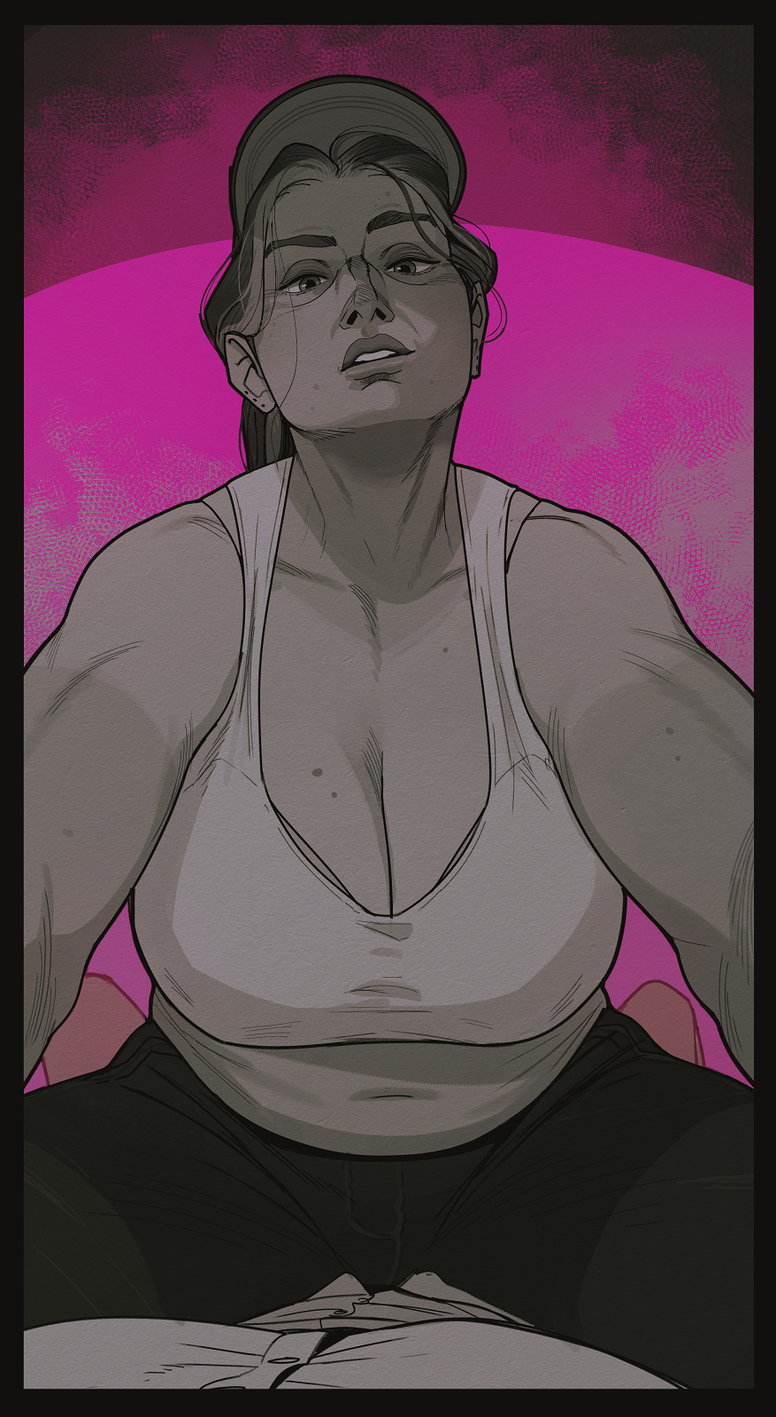 2girls, baseball cap, belly, beverly (i will never forgive you), breasts, cleavage, clothed, covered navel, dyke, female pov, gilf, girl on top, i will never forgive you, incase, large breasts, mature female, milf, multiple moles, plump, ponytail, pov, straddling, tank top, wrinkles, you gonna get raped, yuri