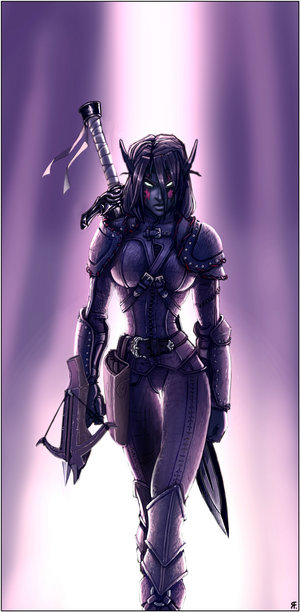 1girls armed crossbow elf female fighter monochrome night_elf purple_hair purple_skin solo sword tight_clothes warrior weapon world_of_warcraft