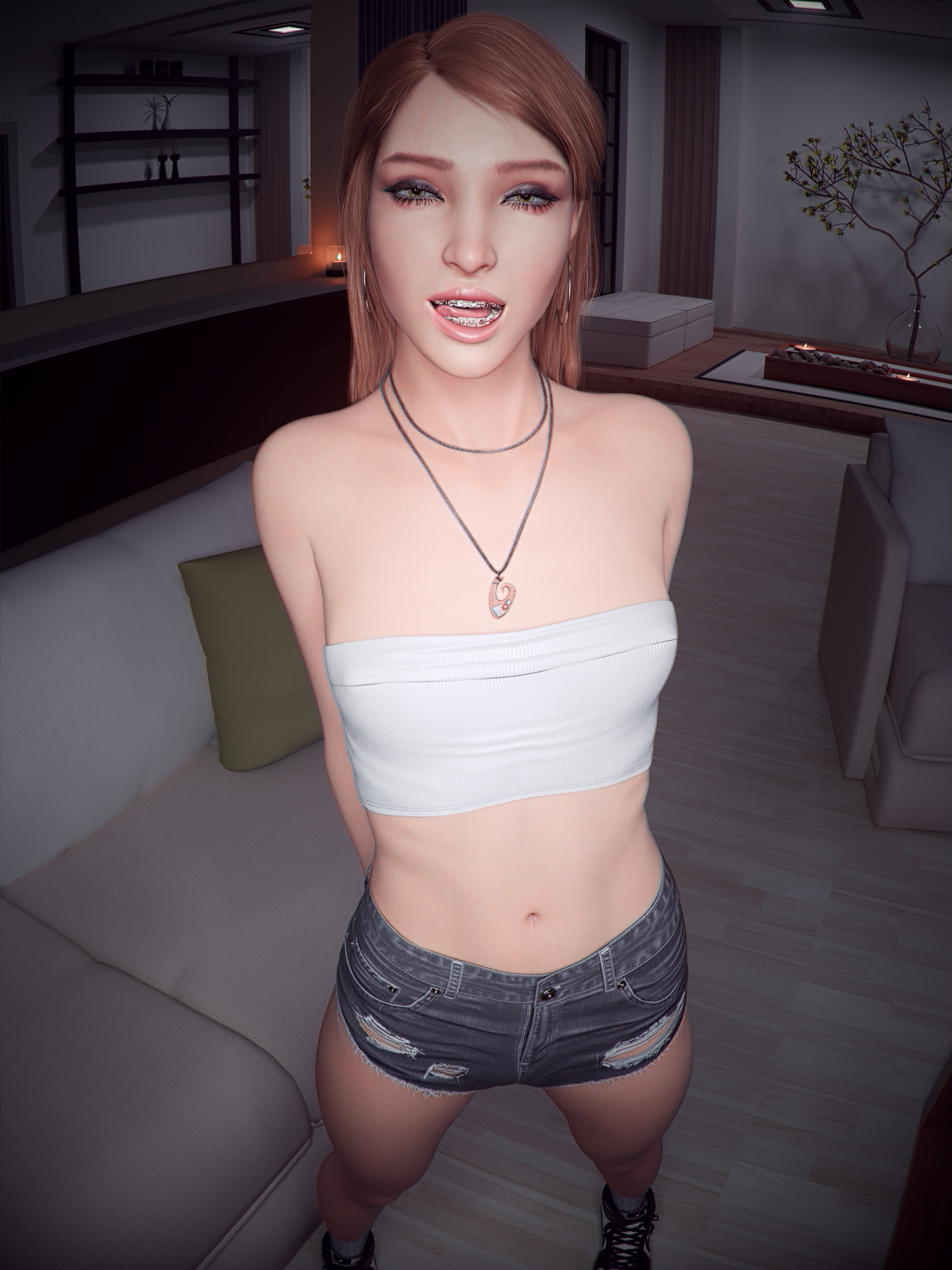 1girls, 2026, 3d, apartment, arms behind back, aroused female, bedroom, blender, braces, breasts, checkpik, come hither, couch, denim shorts, earrings, eyeliner, eyeshadow, female, female focus, fit, fit female, full body, half-closed eyes, hi res, indoors, life is strange, light brown hair, light skin, light-skinned female, long hair, makeup, navel, necklace, open mouth, petite, petite body, petite breasts, petite female, rachel amber, revealing clothes, slender body, slender waist, small breasts, smooth skin, standing, submissive female, teenager, tongue