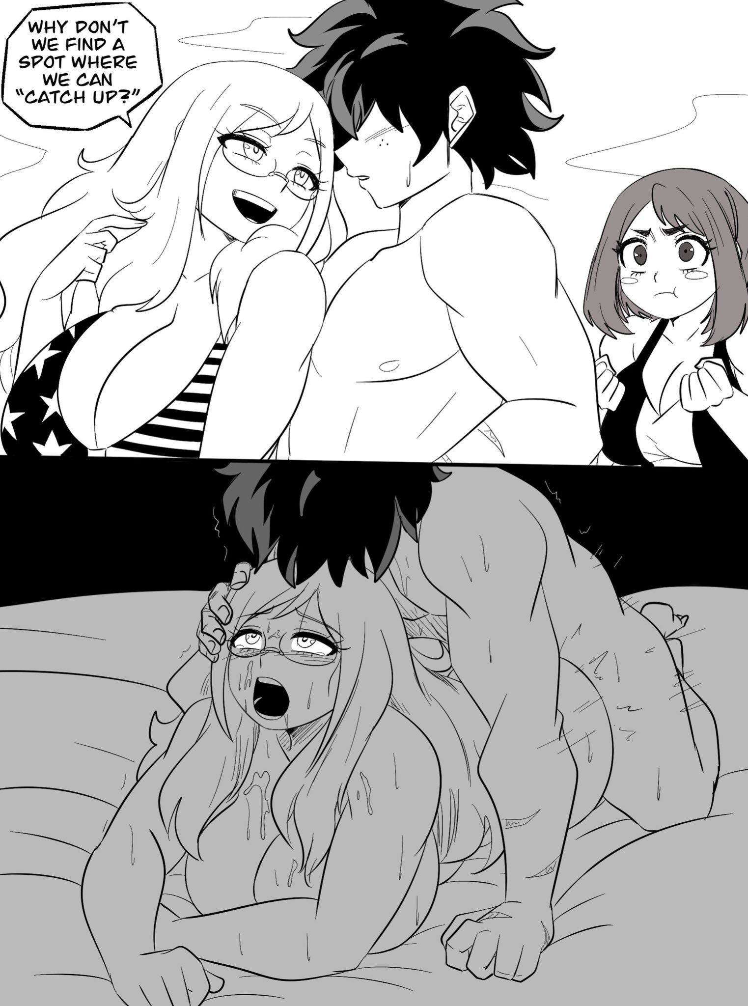 american flag bikini, american woman, big breasts, blonde female, comic, darwaarts, hand on another's head, impact lines, izuku midoriya, japanese male white female, melissa shield, moaning in pleasure, muscular male, my hero academia, ochaco uraraka, ochako uraraka, sex, sex from behind, sex on bed, sweating, swimsuit