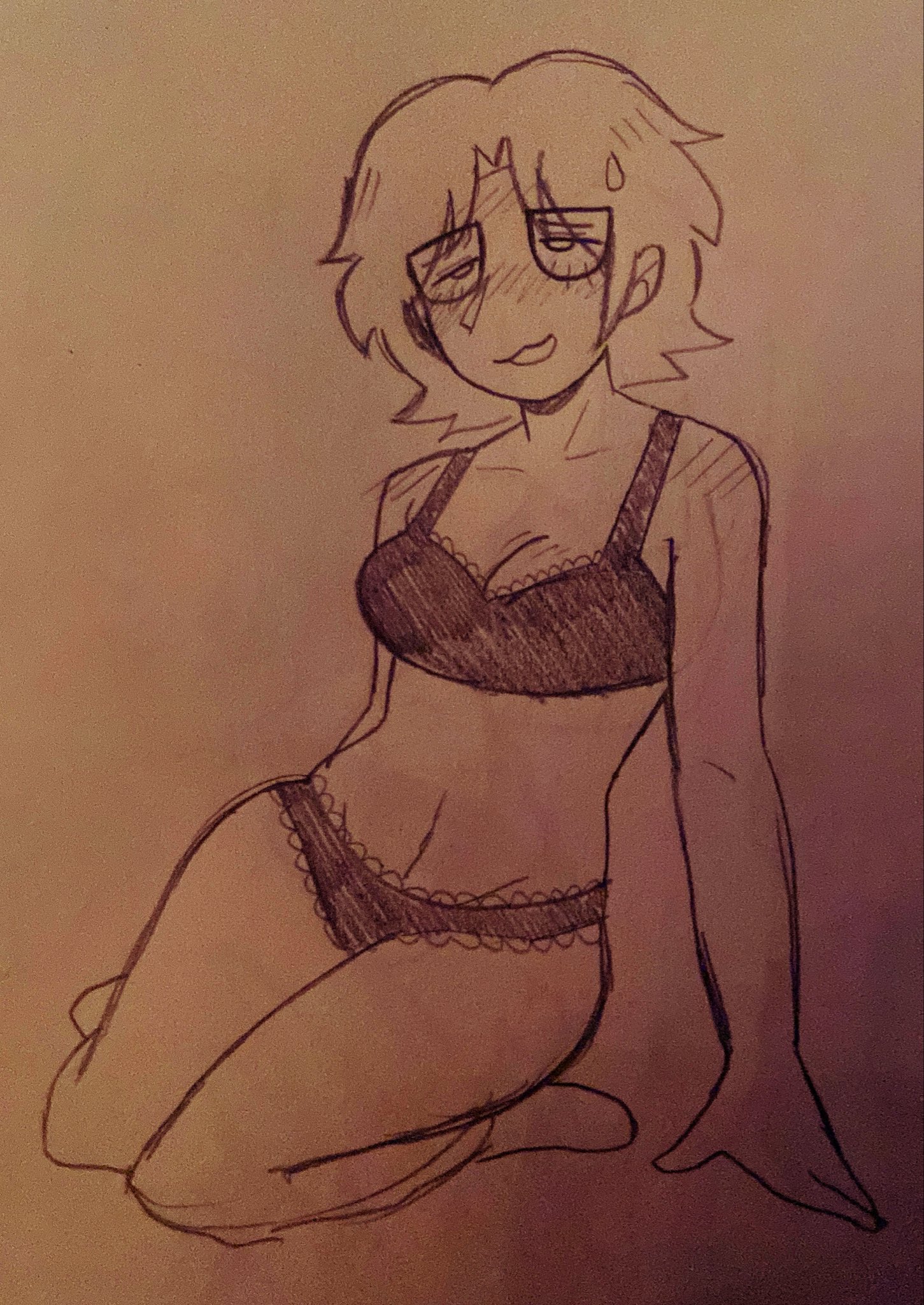 1other, 2026, black bra, black panties, blush, blush lines, blushing, fact attack adventures, facty (fact attack adventures), feminine, glasses, lace, lace trim, lace-trimmed bra, lace-trimmed panties, laced bra, laced panties, laced underwear, nonbinary, nonbinary (lore), short hair, solo, sweatdrop, traditional art, traditional media (artwork)