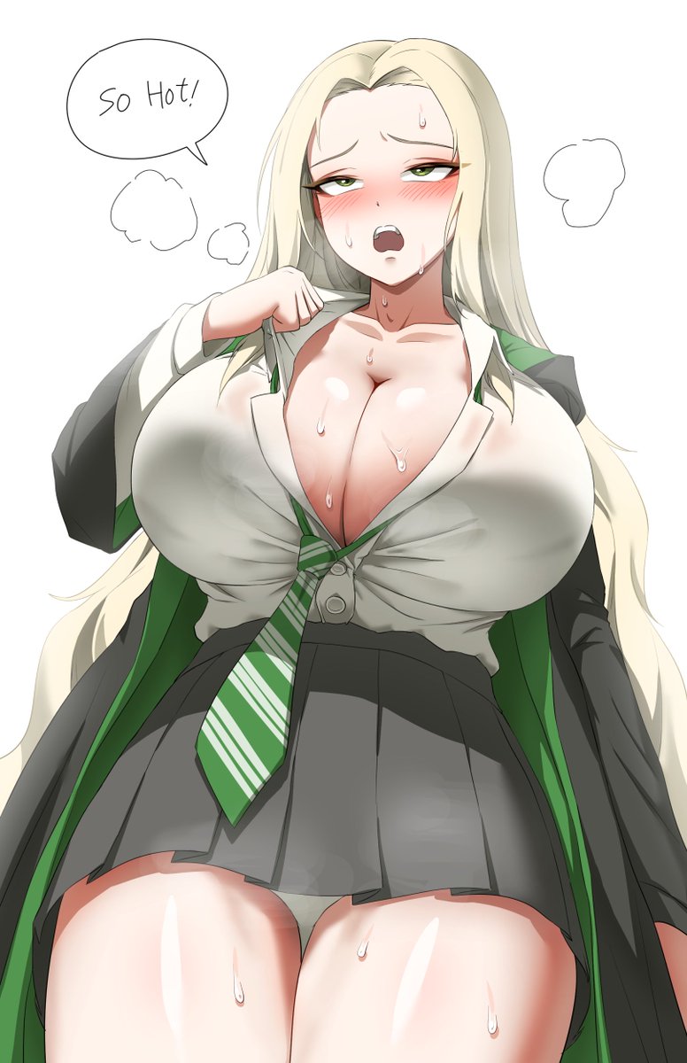 blush, cleavage, curvy, draco malfoy, draco malfoy (redteneri), genderswap (mtf), harry potter, heavy breathing, hot, huge breasts, rolling eyes, rule63, steam, sweat, sweaty, thick thighs, voluptuous, wide hips, wizarding world