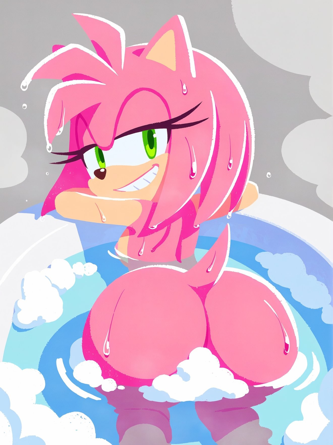 ai generated, amy rose, armpits, ass, ass focus, back, bare back, bath, bathing, bathtub, bedroom eyes, big ass, blush, bonsoirdude, breasts, bubble, completely nude, female, furry, green eyes, grin, half-closed eyes, highres, kneeling, legs, looking at viewer, looking back, looking back at viewer, medium hair, nude, pink fur, pink hair, pov, seducing, seductive, seductive look, seductive pose, seductive smile, sega, smile, soap bubbles, sonic the hedgehog (series), tail, teen, teenage, teenage girl, teenager, water, wet