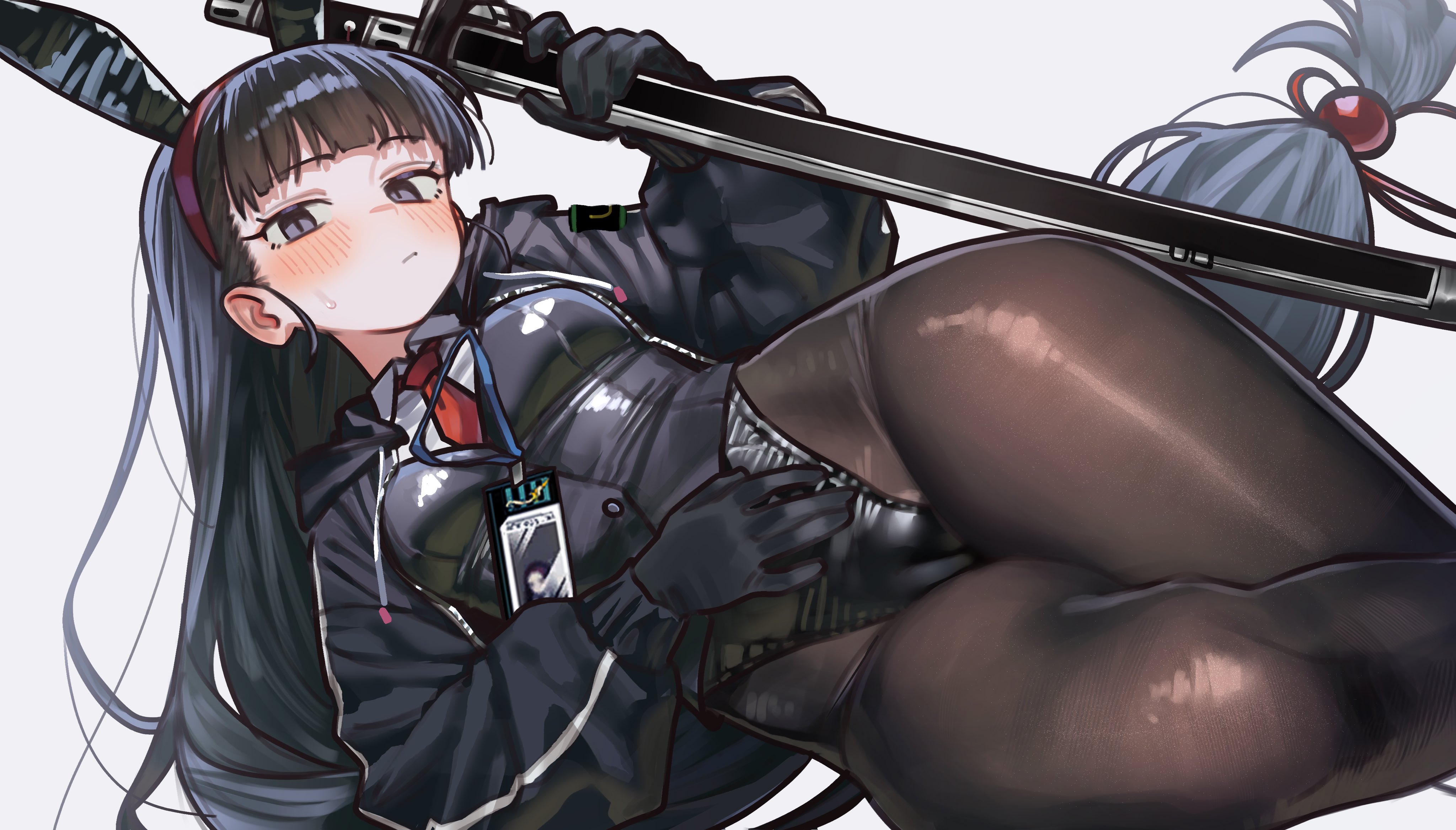 1girls, aeng-du (limbus company), big ass, black gloves, black hair, blunt bangs, blush, bottom heavy, bunny ears, bunnysuit, business suit, cameltoe, ebora, fake animal ears, female, female focus, female only, fully clothed, gloves, hair ornament, hoodie, jacket, leotard, limbus company, long hair, pantyhose, project moon, small breasts, solo, solo female, solo focus, stockings, sweat, sweatdrop, thick thighs, tight clothing, toned, toned body, toned female, white background, wide hips, youngmanisdown