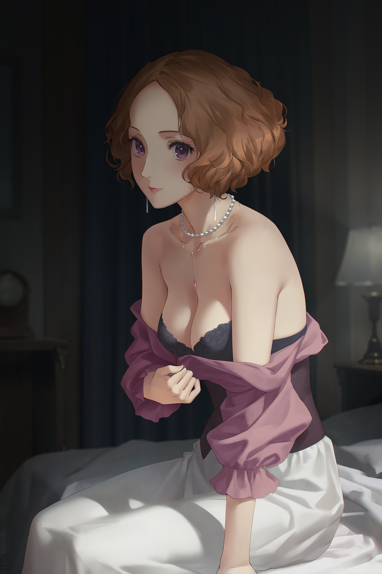 1girls, auburn hair, beautiful, beautiful girl, bedroom, bedroom background, boobs, bra, breasts, brown hair, collarbone, cute, female, female focus, female only, haru okumura, looking at viewer, miura-n315, necklace, off shoulder, okumura haru, pale skin, pale-skinned female, persona, persona 5, purple hair, short hair, sitting, top, undressing
