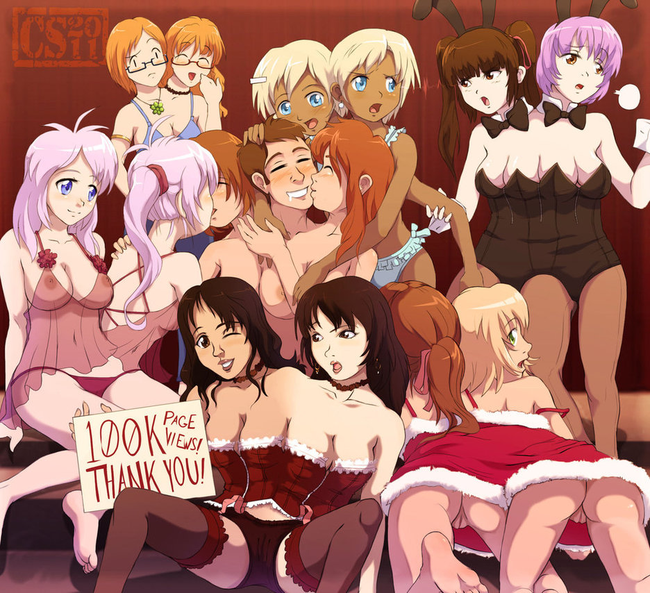 6+girls bunnysuit conjoined crackspider glasses group kissing multi_breast multiple_girls non-japanese_artist twins