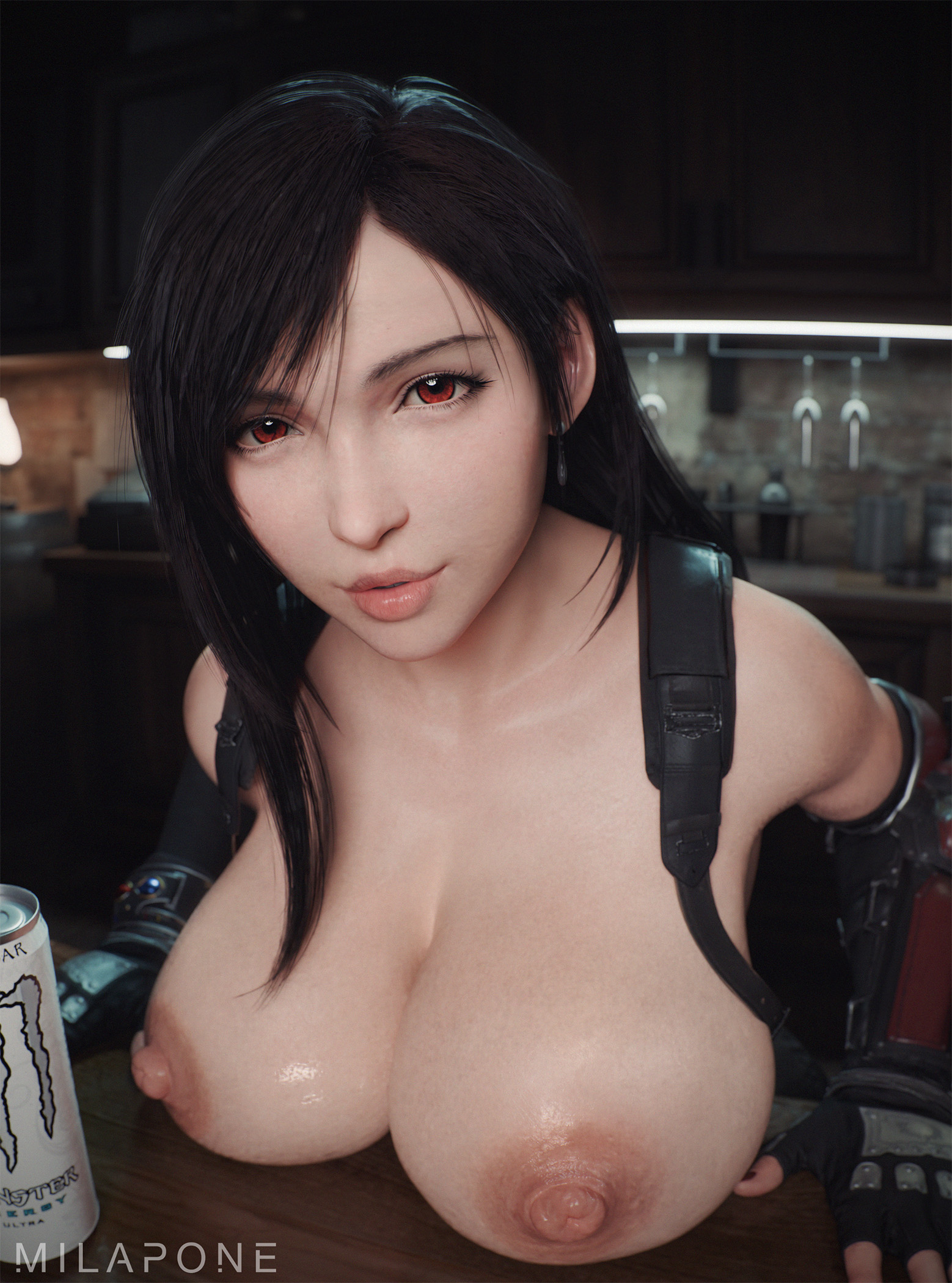 1girls, 3d, 3d (artwork), beautiful woman, big breasts, black hair, exposed breasts, final fantasy, final fantasy vii, final fantasy vii remake, huge breasts, large breasts, light-skinned female, long hair, looking at viewer, mature woman, milapone, tifa lockhart, topless, topless female