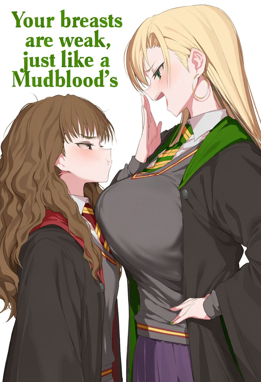 big breasts, blonde hair, breast envy, breast size difference, brown hair, clothed, draco malfoy, draco malfoy (redteneri), harry potter, hermione granger, size difference, small breasts
