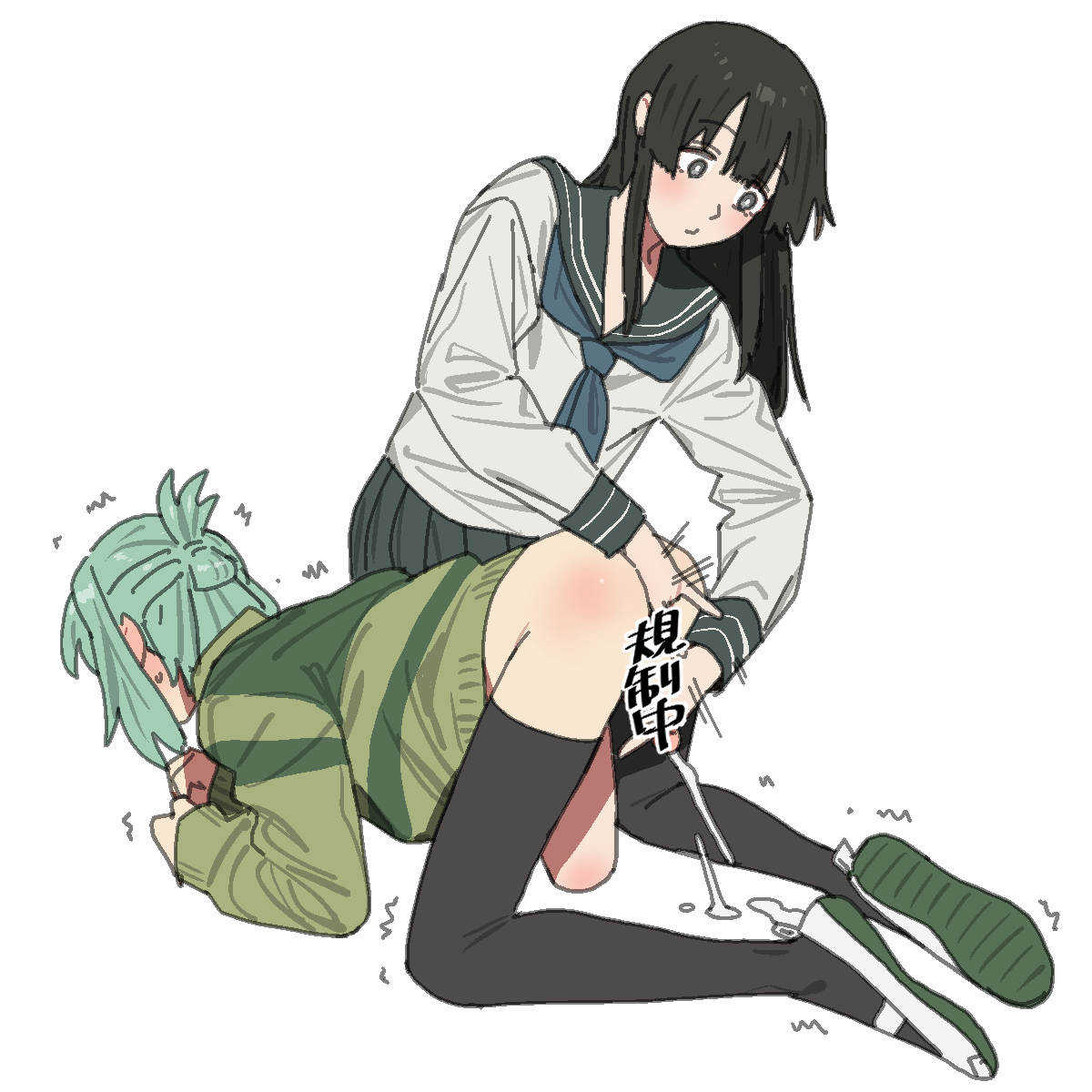 1boy, 1boy1girl, 1femboy, 1girl, 2026, anal fingering, black thighhighs, censored, clothed, cum, cumming, female, female on femboy, femboy, fingering, green hair, handjob, hs egg, onsen tamago (hs egg), otori-tan, seitokai nimo anawa aru!, tagme, terui arisu, thighhighs