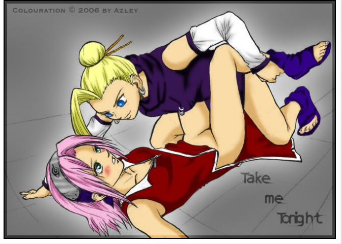 2girls artist_request blonde_hair blue_eyes blush female female_only femdom femsub green_eyes human ino_yamanaka ino_yamanaka(genin) multiple_females multiple_girls naruto no_panties pink_hair sakura_haruno sakura_haruno(genin) young yuri