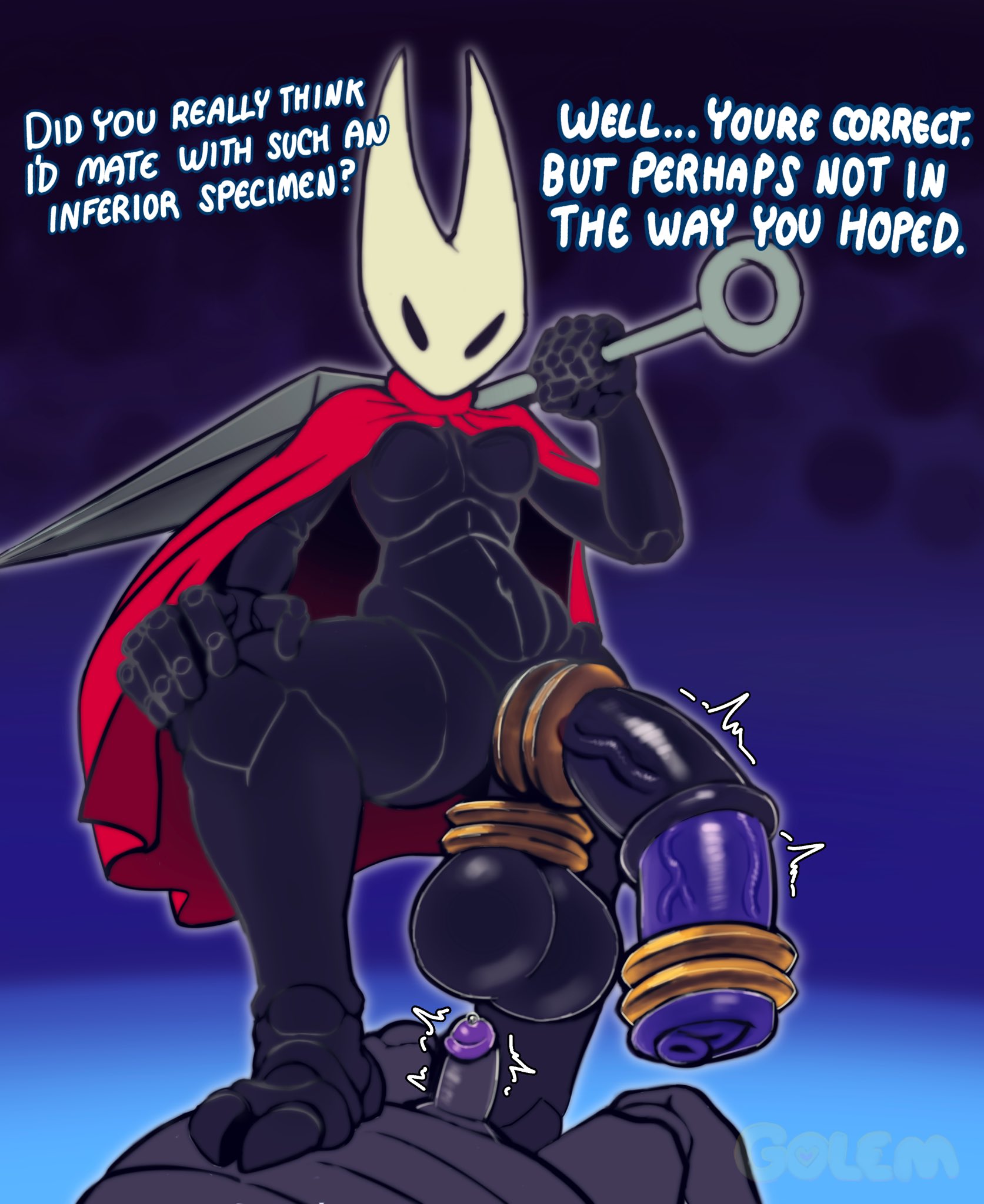 1boy, 1futa, 2 toes, 2d, 2d (artwork), animal genitalia, anthro, arthropod, ball ring, ball stretcher, balls, ballsack, belly button, breasts, cape, cock, cock ring, dialogue, dominant, dominant futa, domination, duo, eager to rape, english, english text, exoskeleton, futa with male, futadom, futanari, gold cock ring, hollow knight, hollow knight (franchise), hollow knight: silksong, hornet (hollow knight), horsecock, horsecock futa, horsecock futanari, huge balls, huge cock, huge penis, humanoid, humiliation, imminent rape, imminent sex, insult, insulting viewer, intersex, larger futa, looking at viewer, looking down, low-angle view, male, malesub, multiple cock rings, navel, no nipples, oogabutt, penis, penis humiliation, precum, purple background, purple penis, simple background, small penis, smaller male, solo focus, standing, stepped on, stepping, stepping on viewer, stomach, stretcher, submissive, submissive male, talking to viewer, testicle cuff, text, throbbing penis, two-tone penis, veiny penis