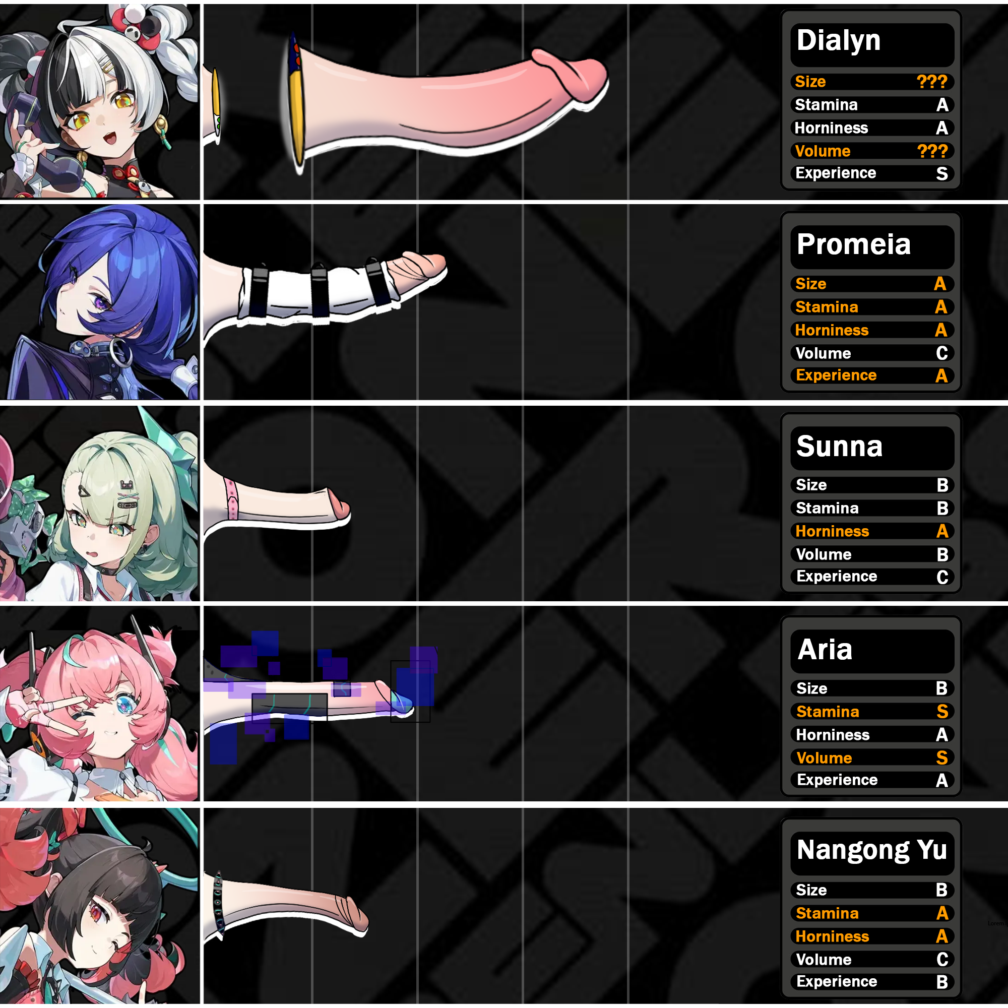 5futas, angels of delusion, aria (zenless zone zero), aria (zenless zone zero) (human form), aria (zenless zone zero) (robot form), black and white hair, black hair, blue hair, chart, cock, dialyn (zenless zone zero), dick, forskin, futa only, futanari, glitch, glitching, green hair, hologram, hoyoverse, locked penis, nangong yu (zenless zone zero), official art, penis, penis accessory, penis chart, penis enlargement, penis size chart, penis size comparison meme, penis through portal, pink hair, portal, portal (object), portal amputation, portal ring, portals, promeia (zenless zone zero), robotic penis, spiked accessory, stats, sunna (zenless zone zero), text, zenless zone zero