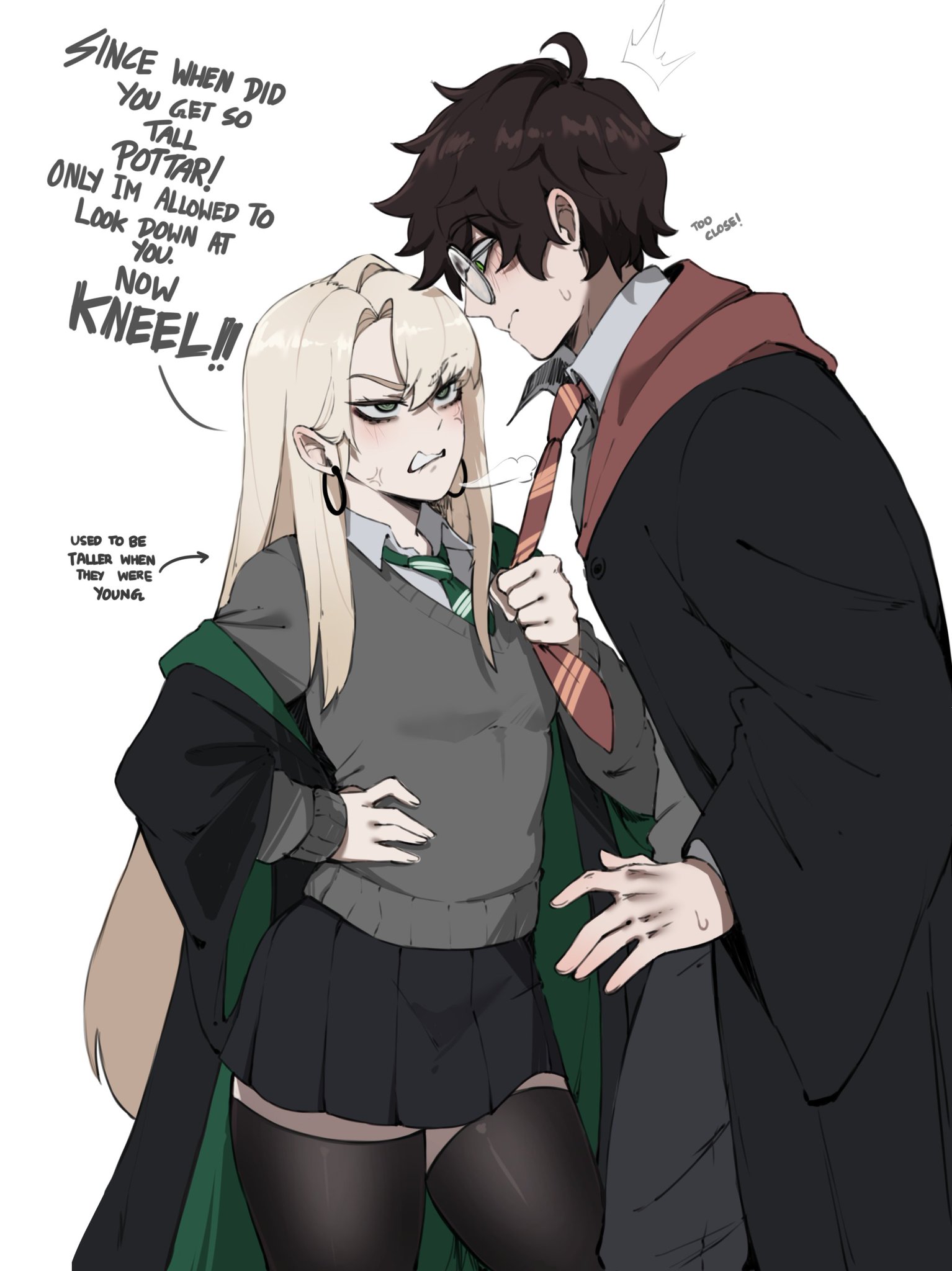 1boy, 1boy1girl, 1girls, 2026, 2d, 2d (artwork), angry, angry expression, angry face, black hair, blonde hair, blush, blushing, breasts, color, dialogue, dominant female, draco malfoy, draco malfoy (redteneri), earrings, genderswap, genderswap (mtf), glasses, green eyes, harry james potter, harry potter, hi res, highres, hoop earrings, light skin, light-skinned female, long hair, looking at another, looking at partner, masoq095, school uniform, skirt, small breasts, submissive male, text, thighs, tie grab, white background