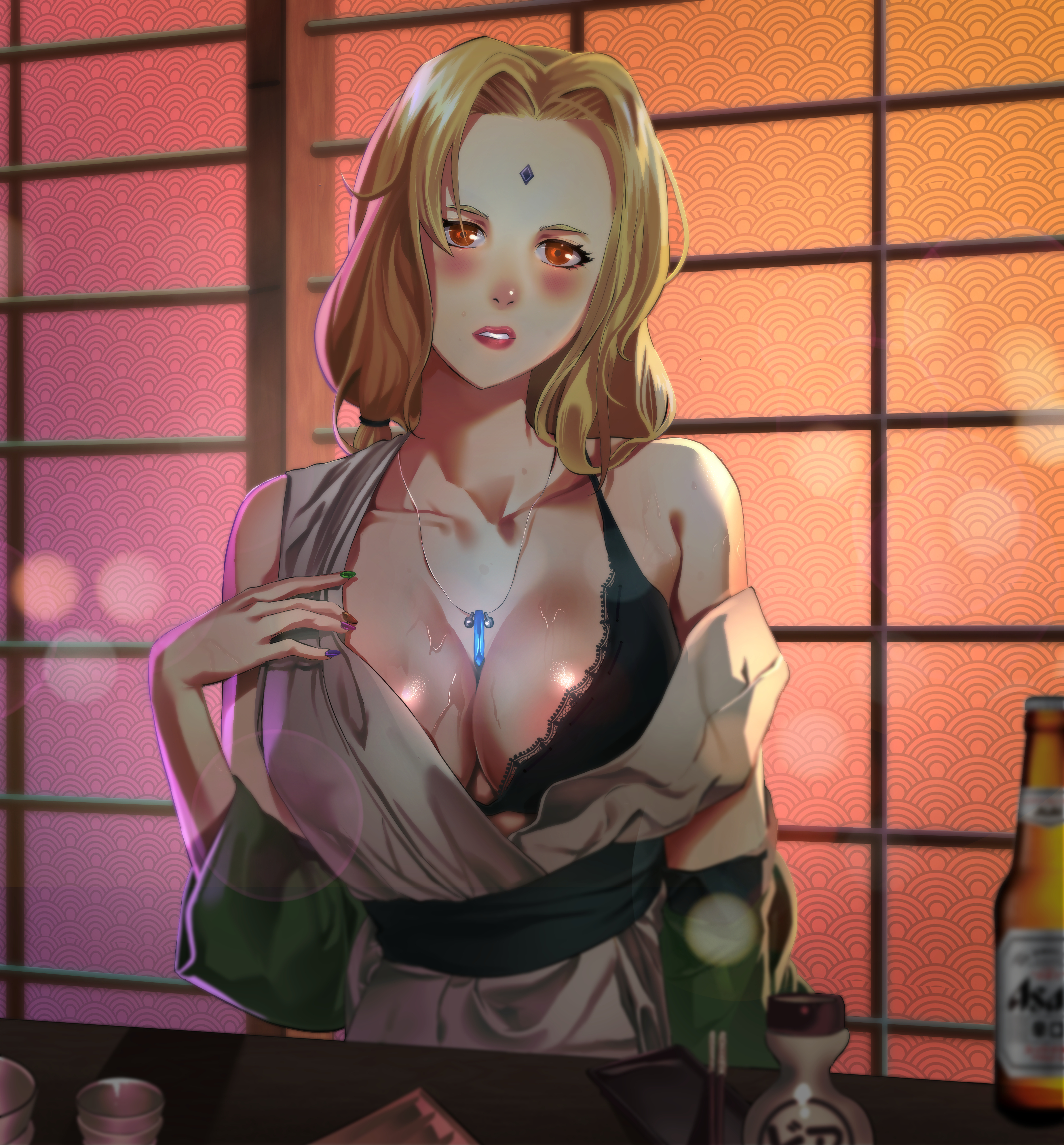 1girls, bare shoulders, bbw, bedroom eyes, big breasts, black bra, black underwear, blonde hair, blush, boruto: naruto next generations, bra, breast focus, breasts, brown eyes, busty, cleavage, crystal, drink, drunk, exposed breasts, female, female focus, female only, haori, hi res, high resolution, highres, horny, horny female, inkroach, jewelry, kimono, large breasts, lips, lipstick, looking at viewer, makeup, mature, mature female, milf, multicolored nails, nail polish, naruto, naruto (classic), naruto (series), naruto shippuden, necklace, off shoulder, one breast out, painted nails, perky breasts, pigtails, pink lips, pink lipstick, pinup, presenting breasts, romantic, romantic ambiance, shounen jump, sleeveless, solo, solo female, solo focus, strap slip, sweat, sweatdrop, sweating, taking clothes off, tied hair, tsunade, underwear, undressing, voluptuous