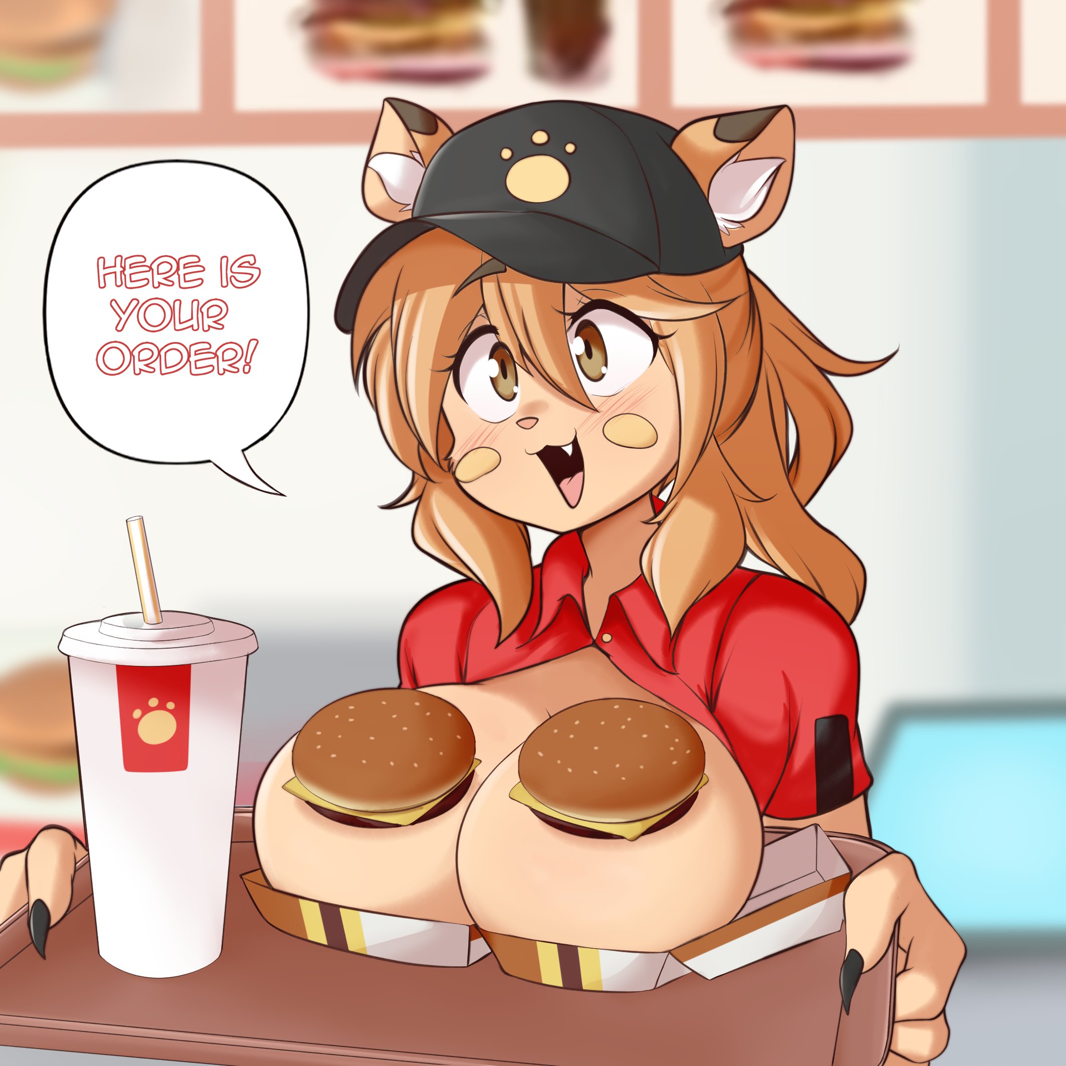 1girls, big breasts, boob burger, breast focus, breasts, breasts focus, busty, female, female focus, female only, goya (lucyfercomic), large breasts, lucyfercomic, meme, original, original character, tagme, your order is ready (meme)