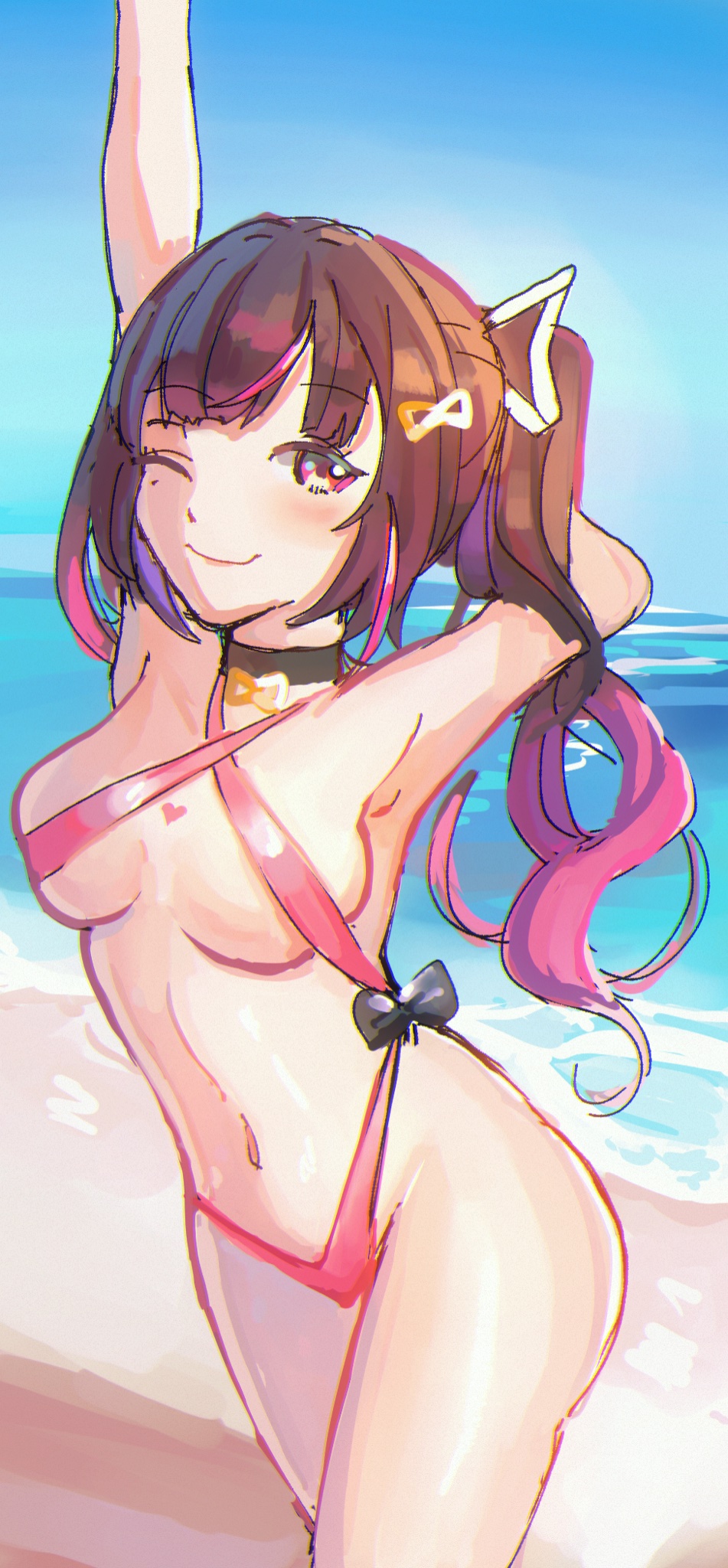 1girls beach blue_sky brown_hair choker female female_only hair_ornament himemiya_rie light-skinned_female light_skin loomi_(shinlumi) phase_alias phase_connect pink_hair ponytail skimpy_clothes sky smile solo two_tone_hair virtual_youtuber water wink