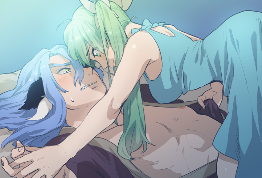 1boy 1girls animal_ears areola_slip assertive assertive_female babuixxx blue_hair blush breasts couple diras dress dylas_(rune_factory) female forked_eyebrows frey_(rune_factory) girl_on_top green_hair hand_holding harvest_moon holding_hands imminent_kiss interlocked_fingers long_hair male medium_breasts mochizuki_anko nervous rune_factory rune_factory_4 sideboob smile thick_eyebrows twintails wholesome yellow_eyes