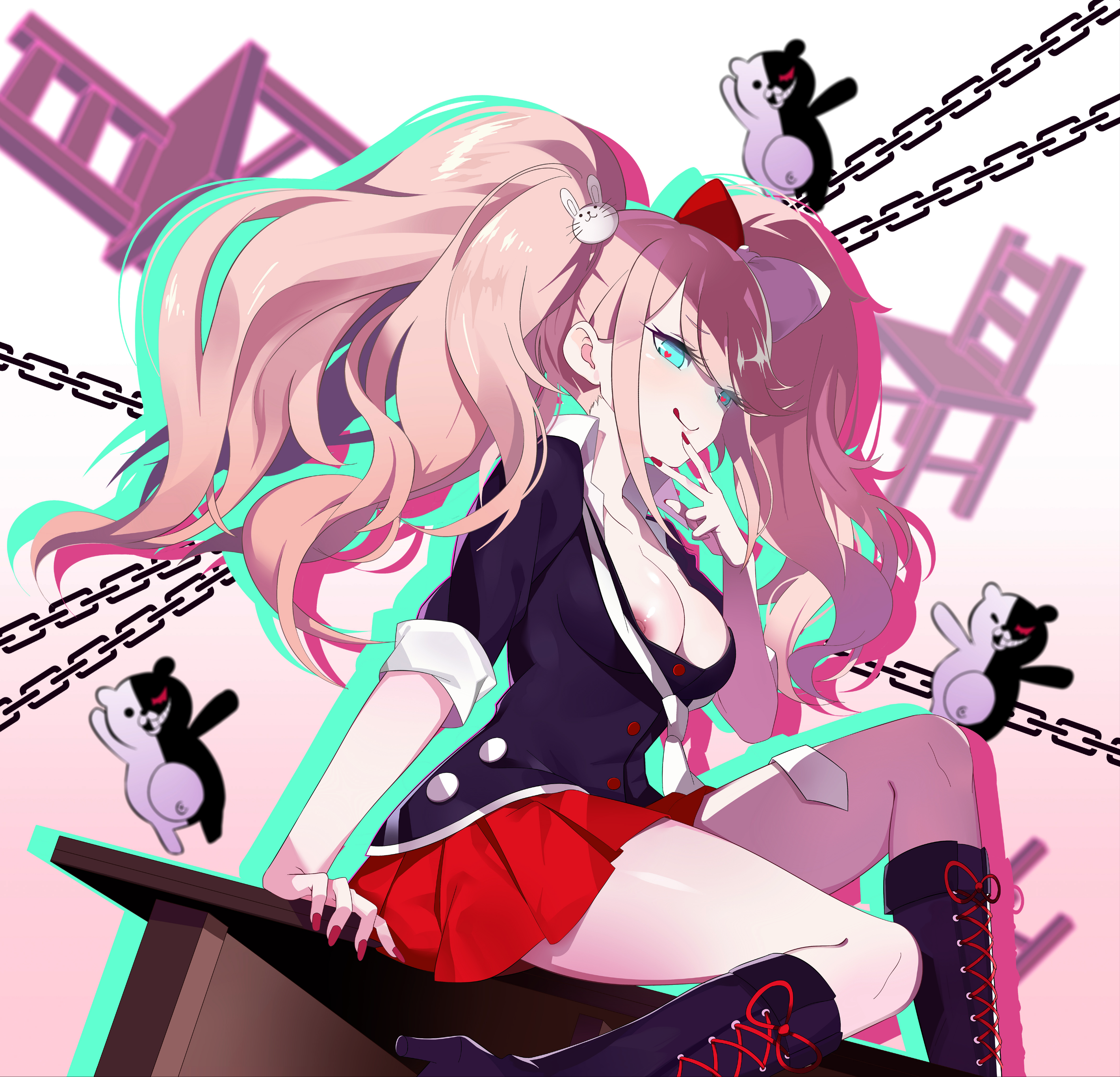 areola slip, breasts, danganronpa, danganronpa 1, danganronpa: trigger happy havoc, exposed breasts, female, female only, junko enoshima, large breasts, monokuma, nipple slip, no bra, sinx, straight hair