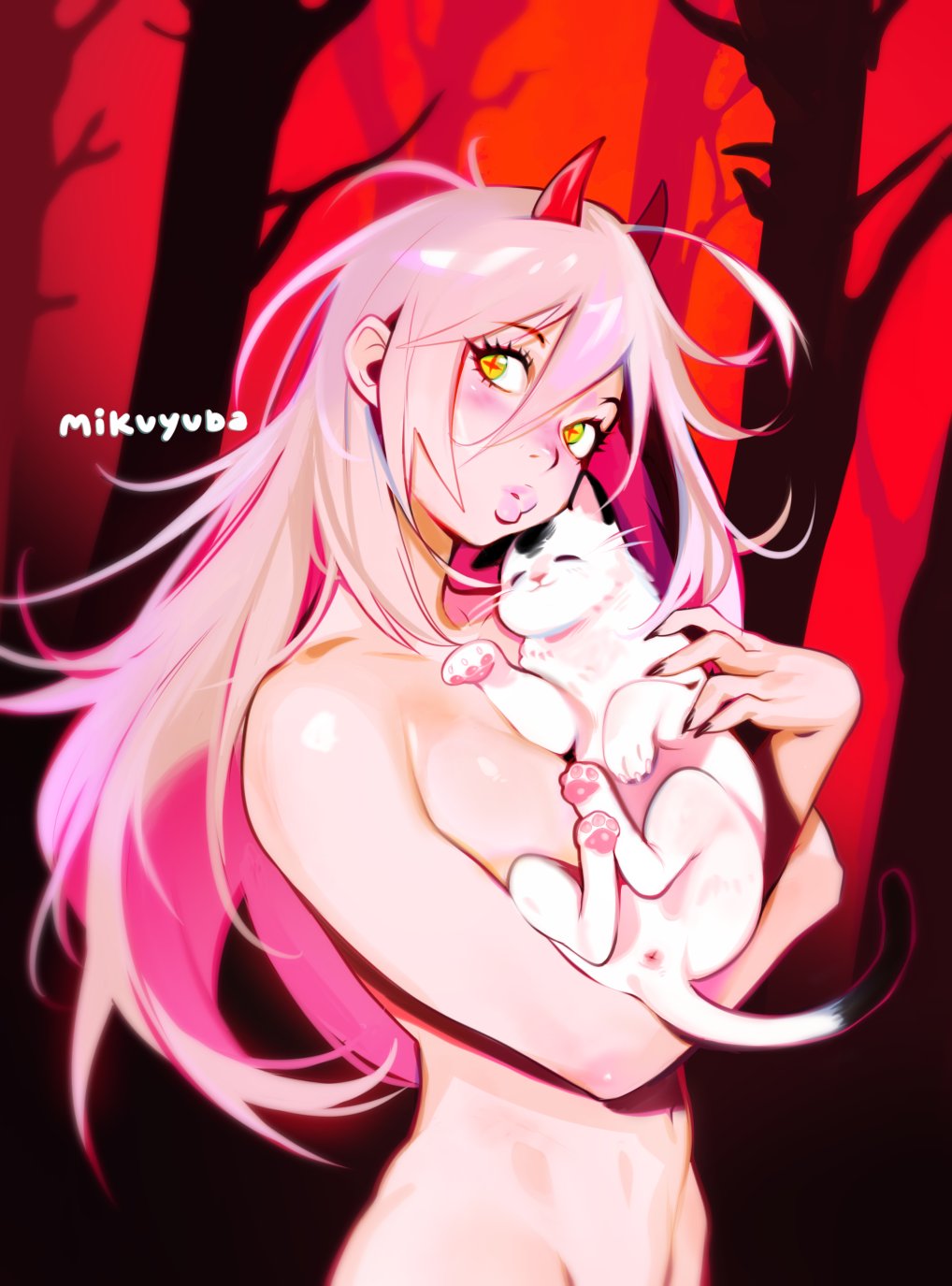 1girls, chainsaw man, cleavage, demon, demon girl, demon horns, female, female only, hugging, light skin, light-skinned female, meowy (chainsaw man), mikiyuba, nude, nude female, power (chainsaw man), power (feral), shounen jump