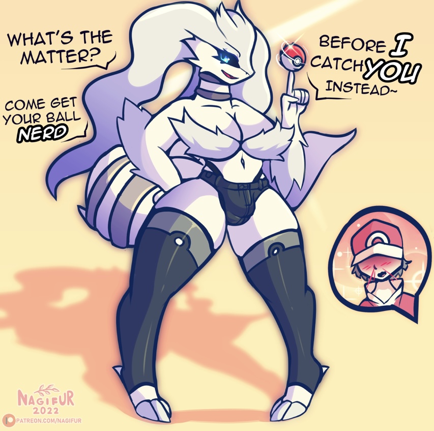 . bleed blue_eyes cleavage dragon dragon_girl dragoness female female_dragon female_focus female_pokemon fluffy fluffy_tail huge_breasts human_on_pokemon legendary_pokémon nagifur nose pokémon_(species) pokemon reshiram shorts text text_bubble thighhighs white_fur white_hair