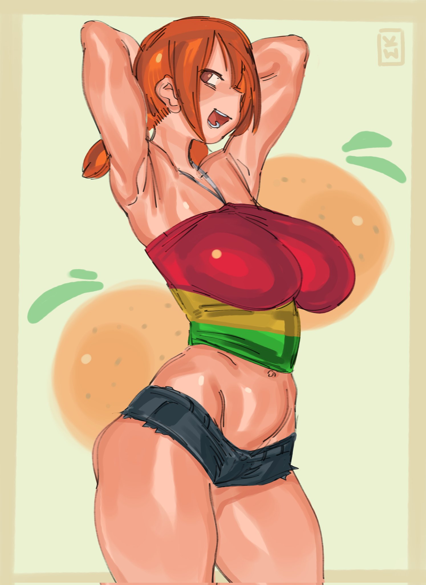 1girls, armpits, arms up, ass, big ass, big breasts, breasts, female, female only, khentaiu, khentart, nami (one piece), navel, one piece, one piece film strong world, pre-timeskip, red hair, shounen jump, solo