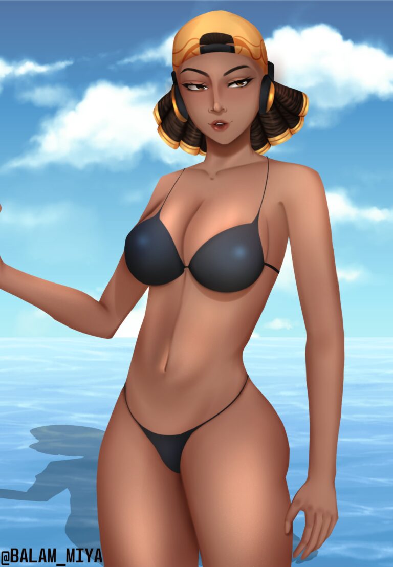 1girls 2022 balam_miya big_breasts bikini black_bikini brown_eyes brown_hair cap cleavage female female_only headphones headphones_on_head meta navel ocean raze_(valorant) signature solo standing valorant