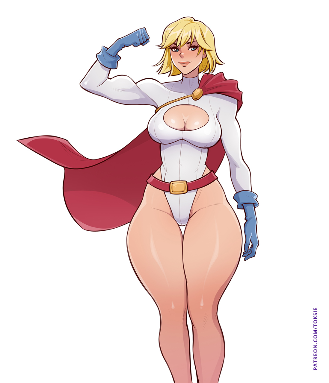 1girls, 2022, 2d, 2d (artwork), ass, belt, big ass, big breasts, blonde hair, blue eyes, blue gloves, boob window, boots, breasts, busty, cape, cleavage, cleavage cutout, clenched hand, closed mouth, clothed, clothed female, clothing, clothing cutout, covered navel, curvy, dc, dc comics, female, female only, flexing, flexing bicep, footwear, gloves, hand up, highleg, highleg leotard, kara zor-l, karen starr, large breasts, leotard, light skin, light-skinned female, lips, long sleeves, looking at viewer, muscular, muscular female, power girl, questionable, red cape, sfw, short hair, smile, solo, solo female, standing, superhero, superheroine, superman (series), thick, thick ass, thick thighs, thigh gap, thighs, toksie, white leotard, wide hips