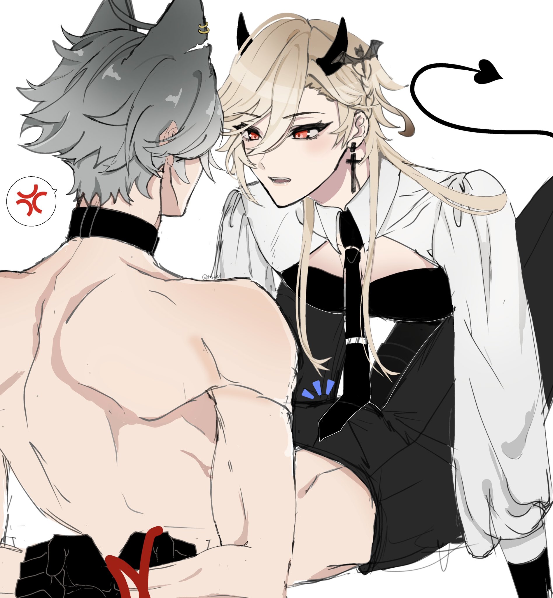 alhaitham (genshin impact), blonde hair, bondage, bulge, bulge through clothing, collar, demon, demon horns, demon tail, gay, genshin impact, grey hair, horns, incubus, kaveh (genshin impact), male, male only, red eyes, succubus, tail, tie, tied up, twink, wolf ears, yaoi