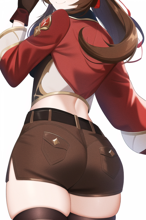 ai generated, amber (genshin impact), ass, ass focus, blush, breasts, brown hair, denim, denim shorts, female, from behind, genshin impact, huge ass, long hair, nai diffusion, shiny, shiny clothes, shiny hair, shiny skin, short shorts, shorts, sideboob, smile, solo, stable diffusion, thick thighs, thighhighs, very long hair