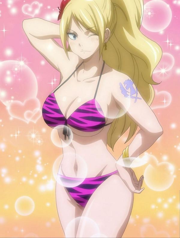 1girls bikini blonde_hair fairy_tail female_focus female_only jenny_realight pose screencap seductive tattoo wink