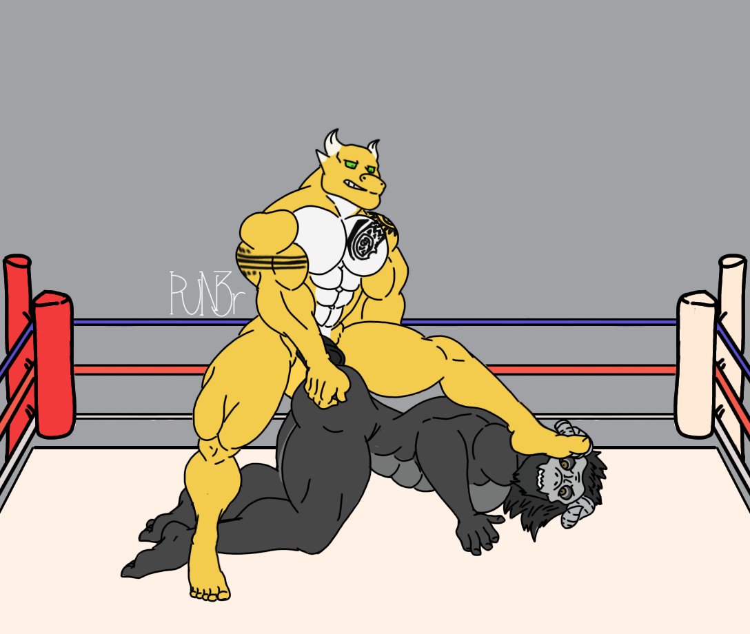 anthro azzy_the_snek bara foot_on_head muscle wrestlers wrestling wrestling_ring