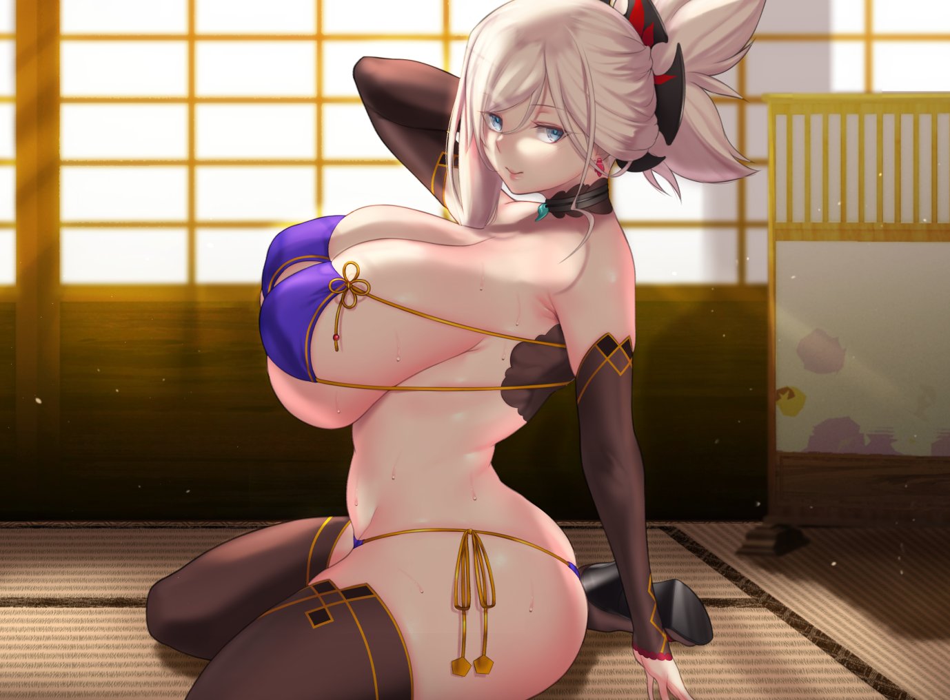 1girls, alternate breast size, aster crowley, big breasts, bikini, breasts, erect nipples under clothes, eyepatch bikini, fate (series), fate/grand order, female, g string, gloves, looking at viewer, miyamoto musashi (fate), miyamoto musashi (fate/grand order), nipple bulge, short hair, silver hair, solo, stockings, tagme, thong