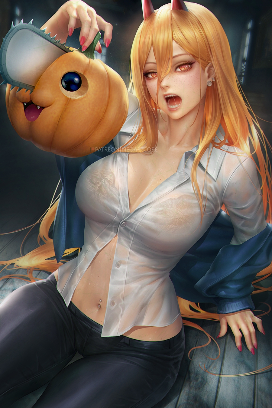 1girls, ass, big breasts, black legwear, bra, breasts, chainsaw man, clothing, female, female only, huge ass, huge breasts, huge butt, looking at viewer, neoartcore, nude, nude female, panties, pochita (chainsaw man), power (chainsaw man), pumpkin, sharp teeth, shounen jump, sitting on person, teeth, white shirt, yellow hair